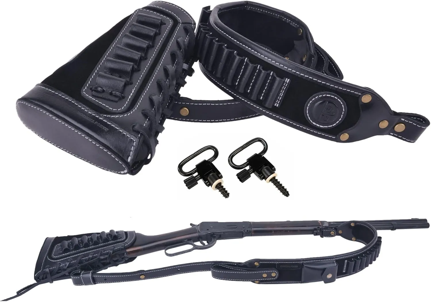Leather Gun Shell Holder Buttstock with Matched Rifle Sling for .30-06 .30-30, .45-70 .44 mag