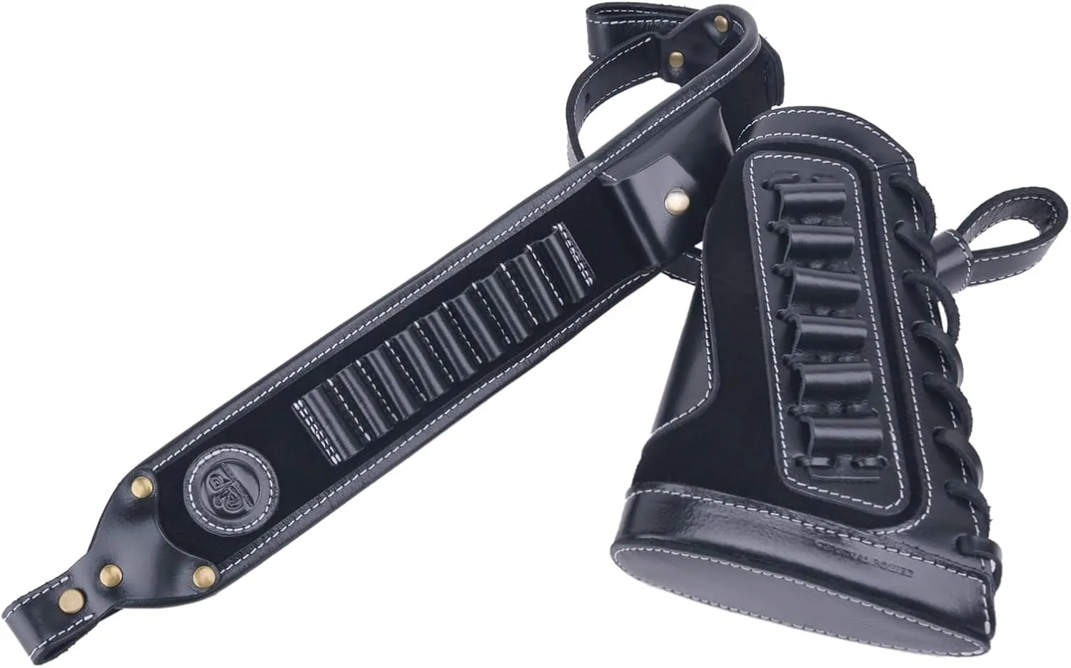 Leather Gun Shell Holder Buttstock with Matched Rifle Sling for .30-06 .30-30, .45-70 .44 mag