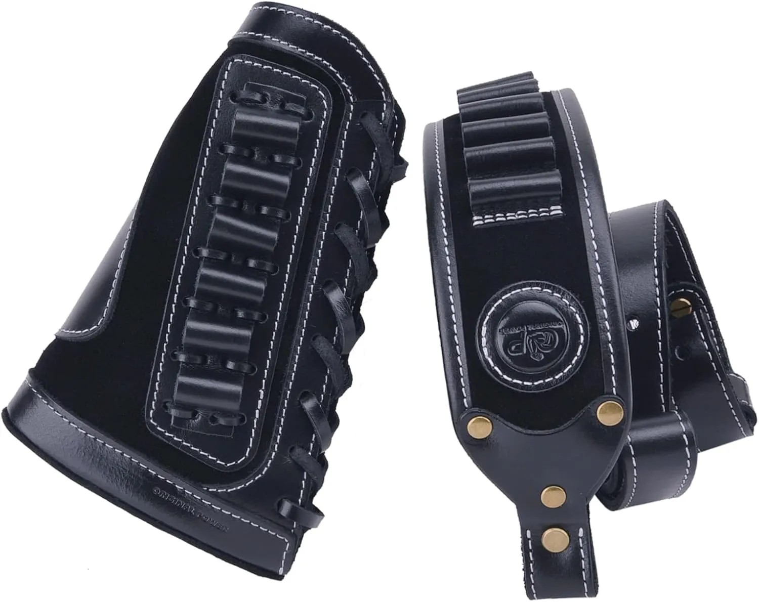 Leather Gun Shell Holder Buttstock with Matched Rifle Sling for .30-06 .30-30, .45-70 .44 mag