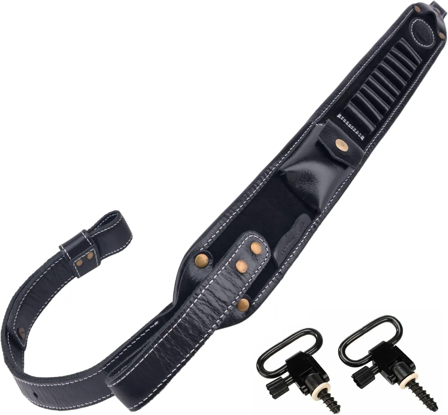Leather Gun Shell Holder Buttstock with Matched Rifle Sling for .30-06 .30-30, .45-70 .44 mag