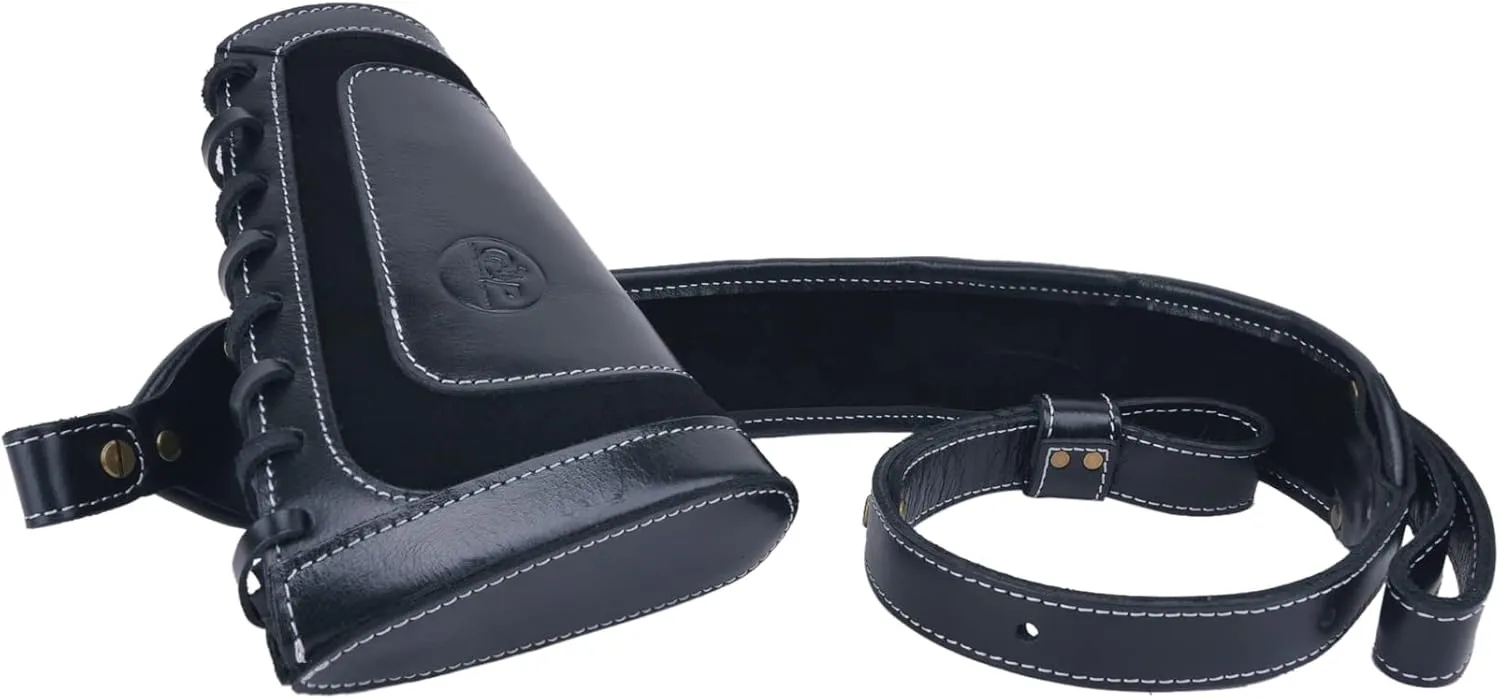 Leather Gun Shell Holder Buttstock with Matched Rifle Sling for .30-06 .30-30, .45-70 .44 mag