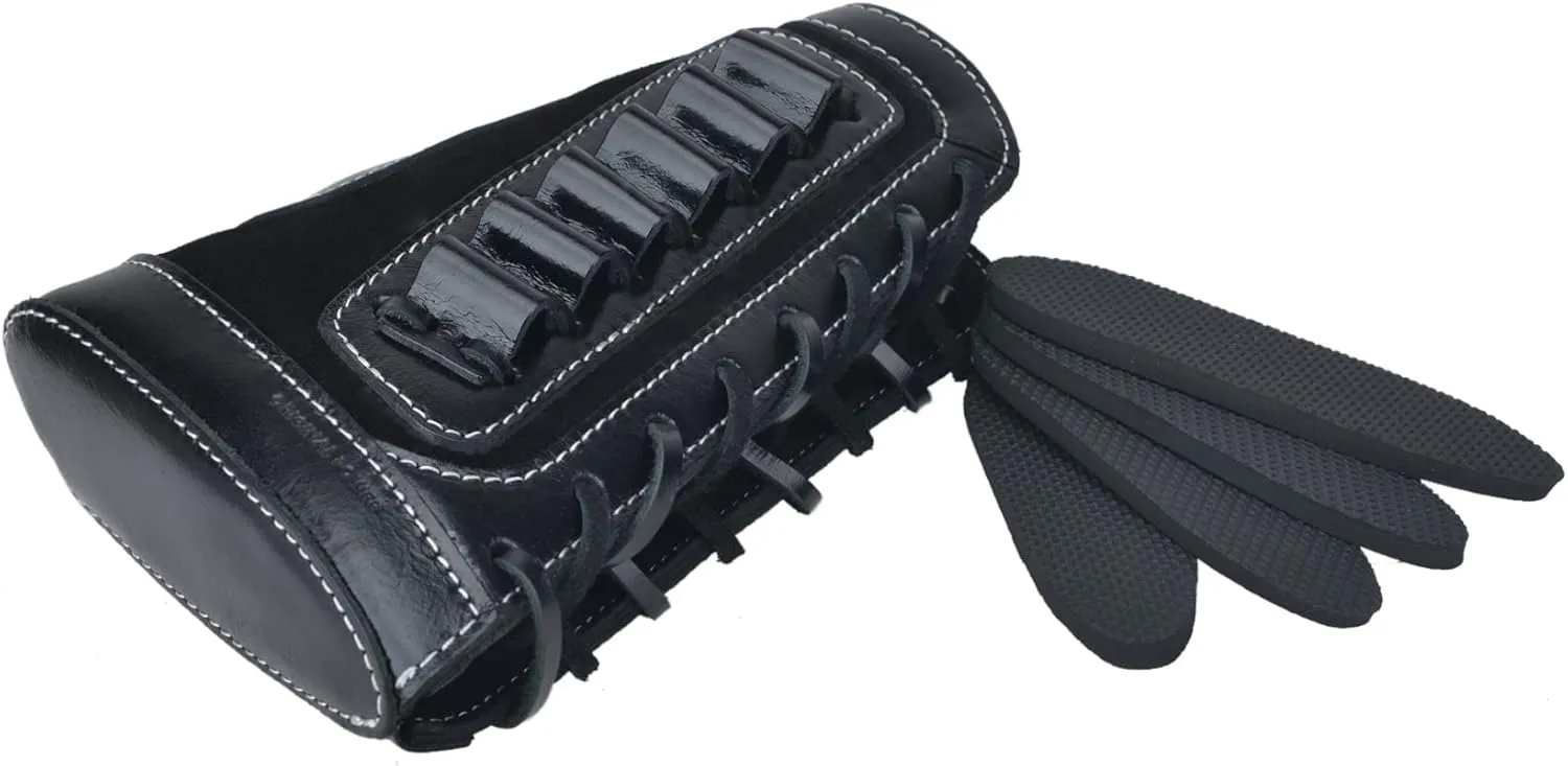 Leather Gun Shell Holder Buttstock with Matched Rifle Sling for .30-06 .30-30, .45-70 .44 mag