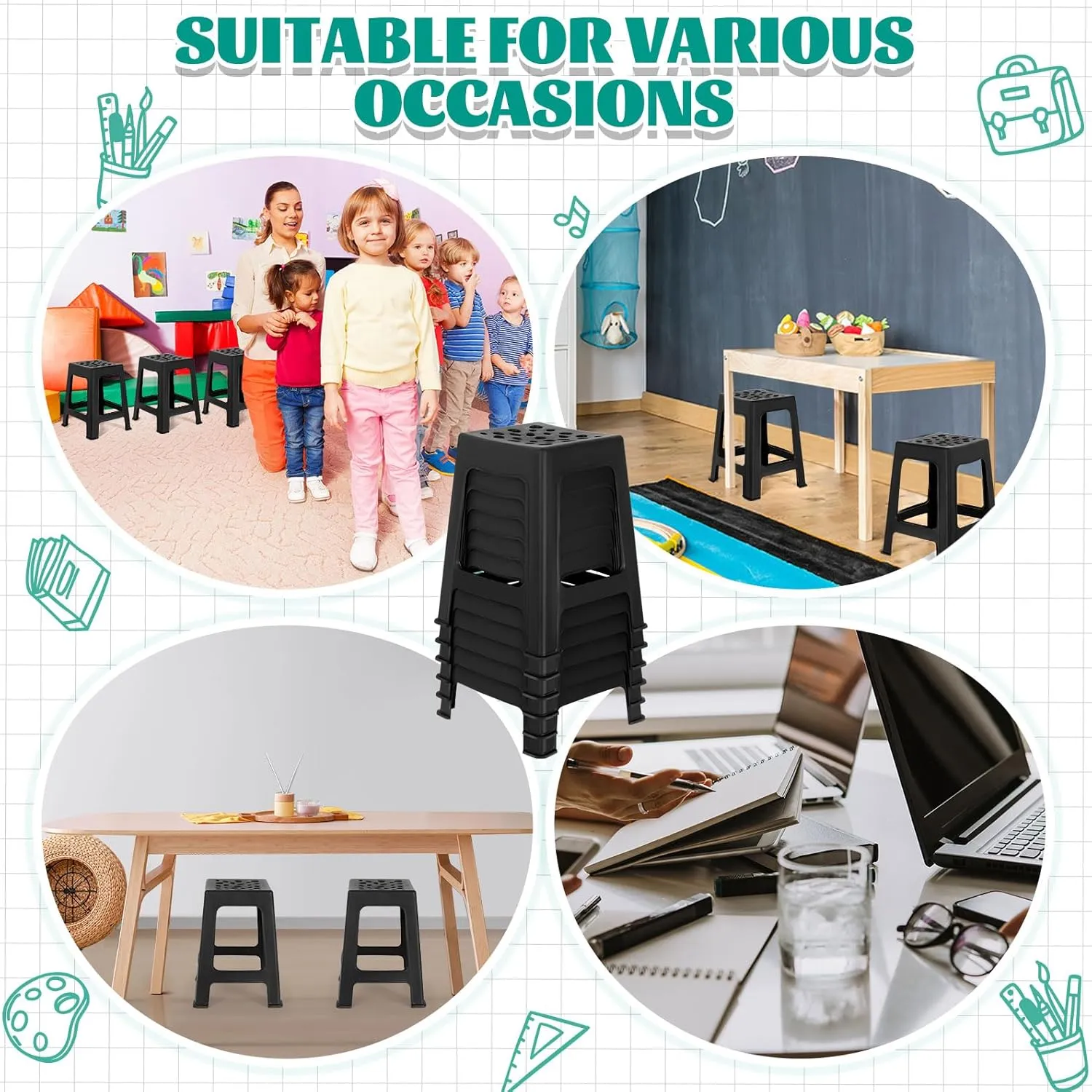 Leinuosen 6 Pcs Plastic Stool for Classroom 18 Inch Stackable School Stools Modern Portable Nesting Chair for Kids Students Classroom School Home Office (Black)