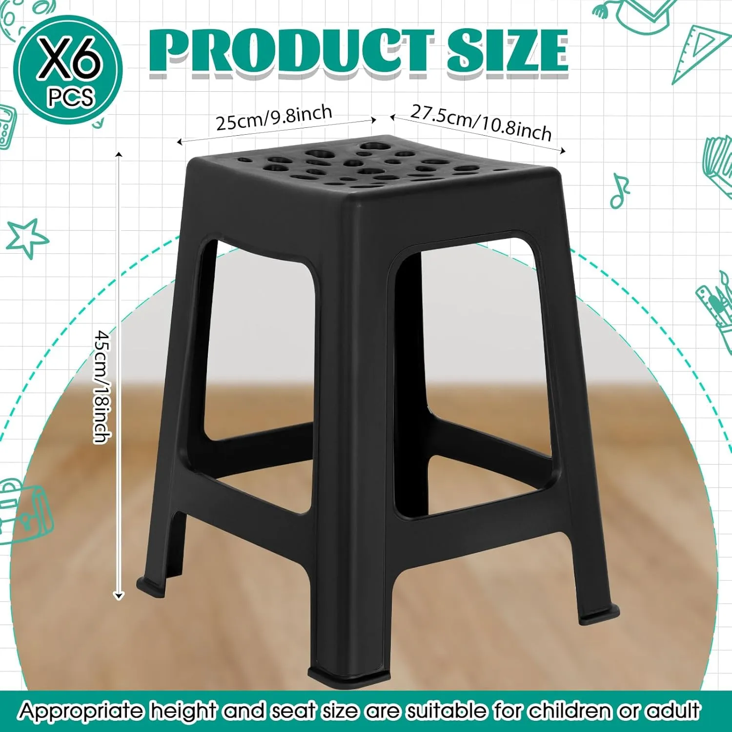 Leinuosen 6 Pcs Plastic Stool for Classroom 18 Inch Stackable School Stools Modern Portable Nesting Chair for Kids Students Classroom School Home Office (Black)