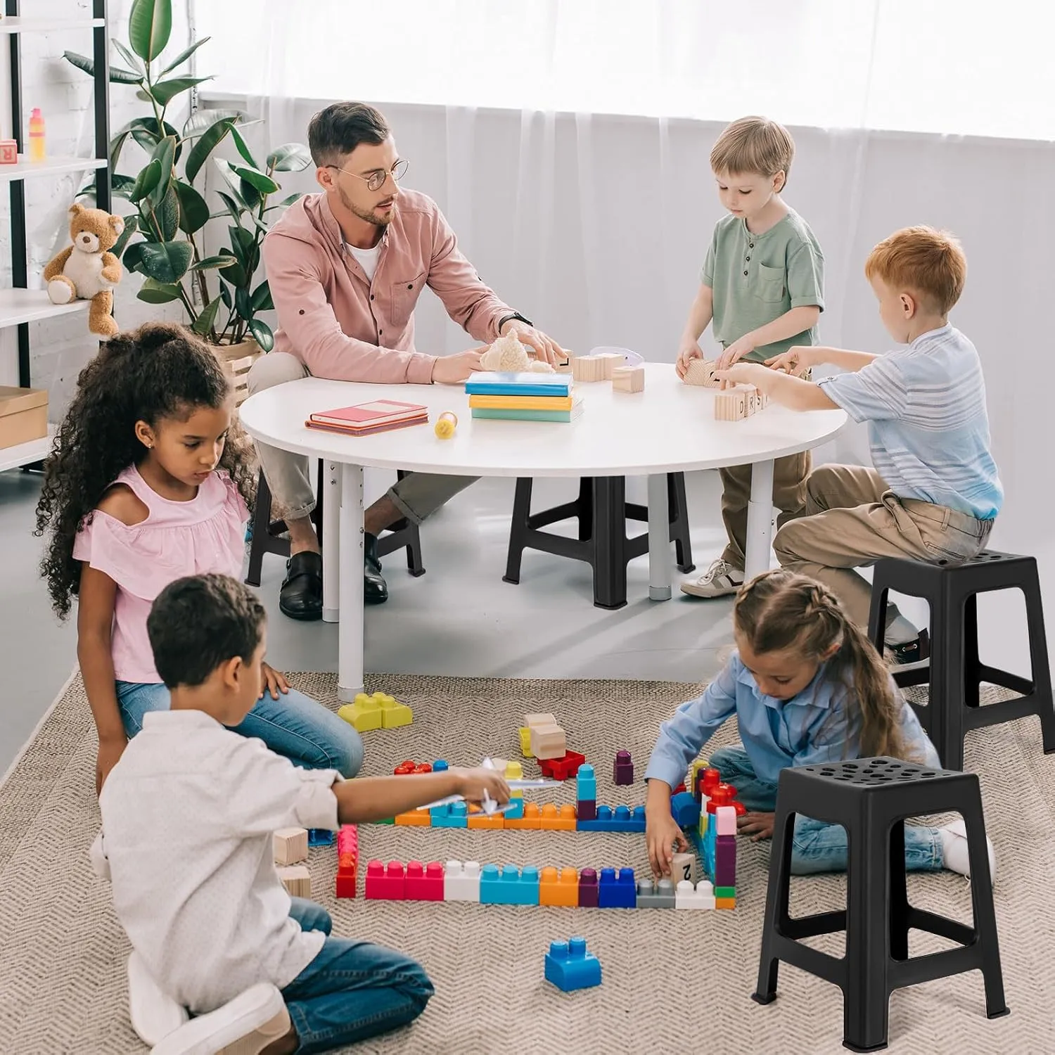 Leinuosen 6 Pcs Plastic Stool for Classroom 18 Inch Stackable School Stools Modern Portable Nesting Chair for Kids Students Classroom School Home Office (Black)