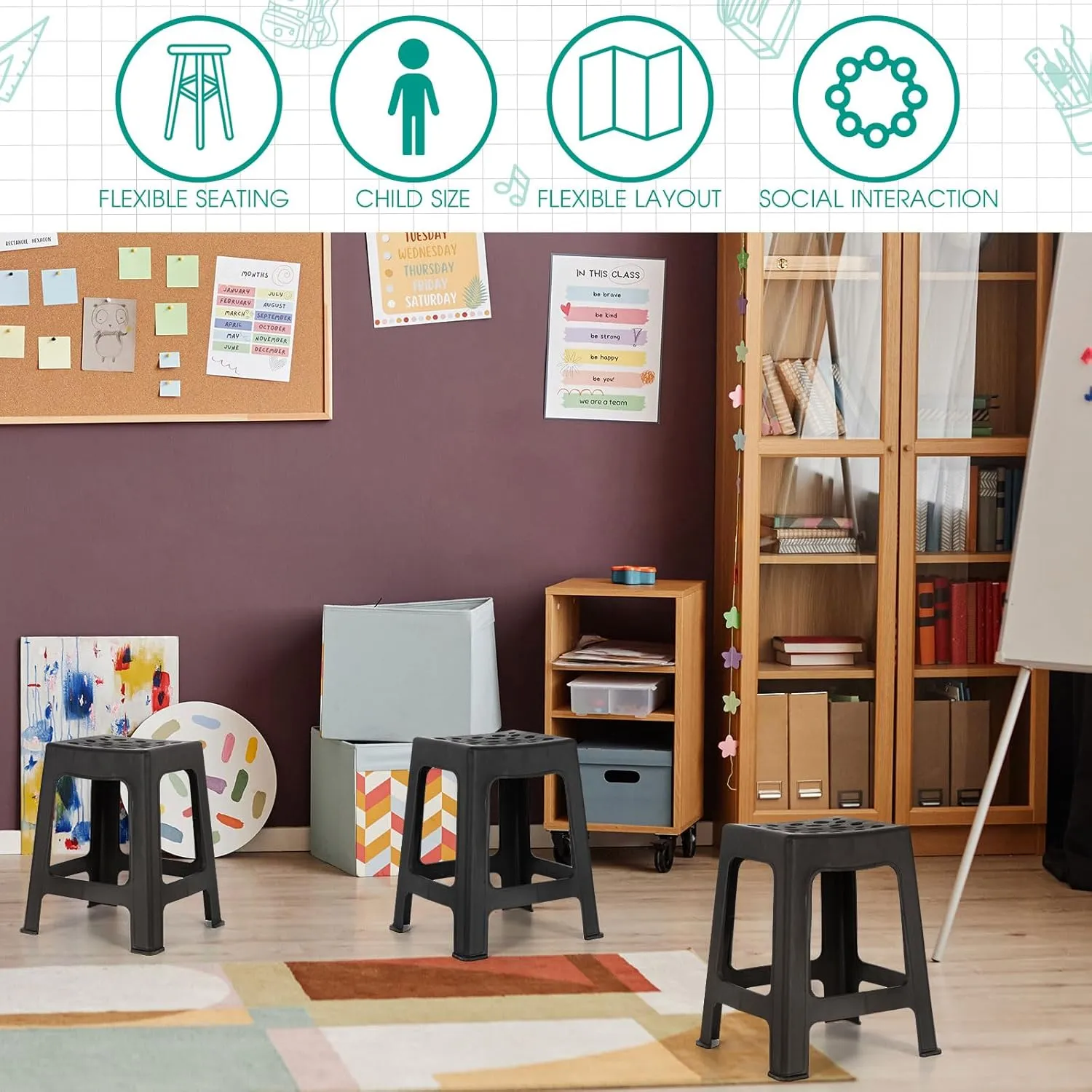Leinuosen 6 Pcs Plastic Stool for Classroom 18 Inch Stackable School Stools Modern Portable Nesting Chair for Kids Students Classroom School Home Office (Black)