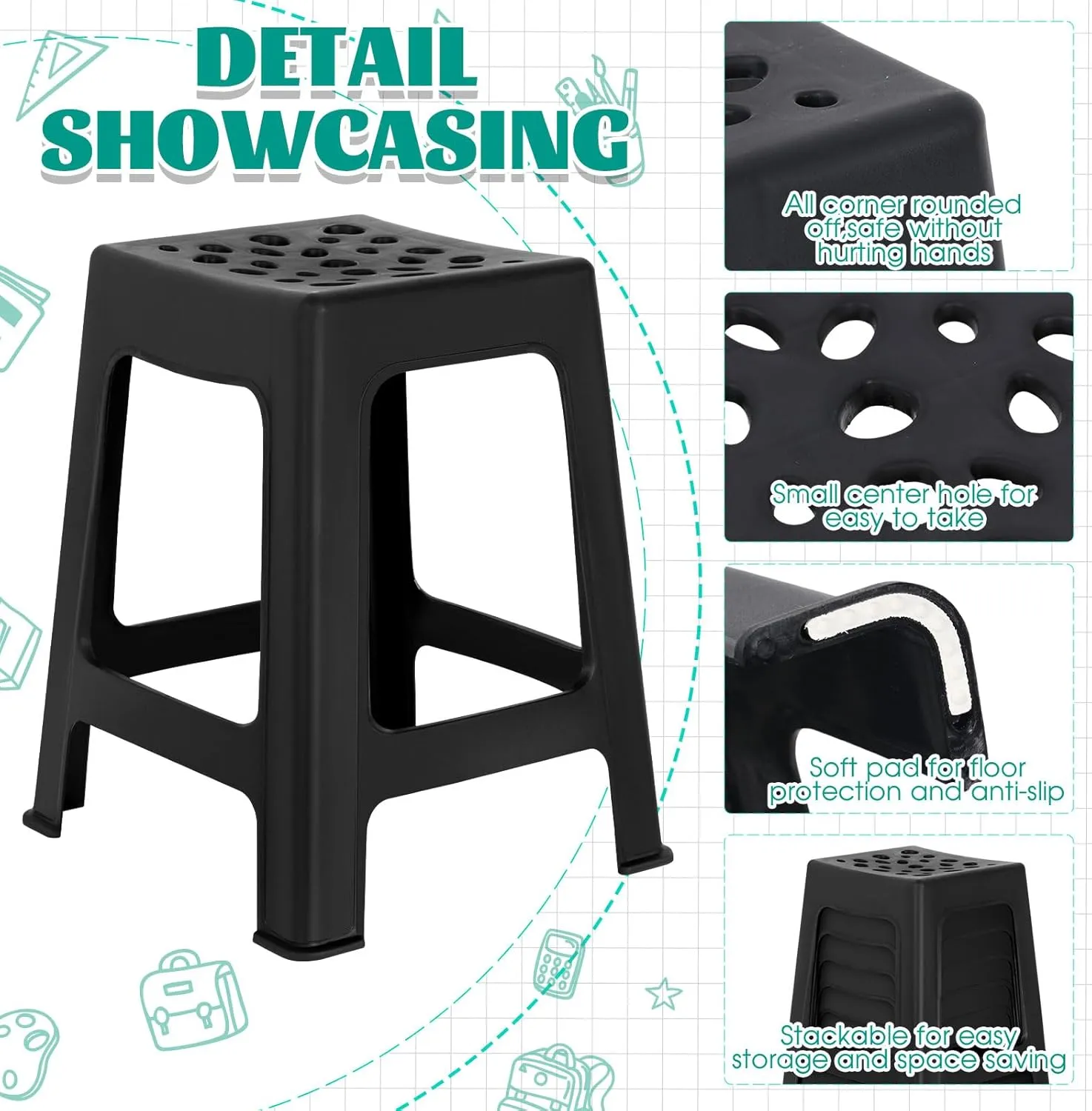 Leinuosen 6 Pcs Plastic Stool for Classroom 18 Inch Stackable School Stools Modern Portable Nesting Chair for Kids Students Classroom School Home Office (Black)