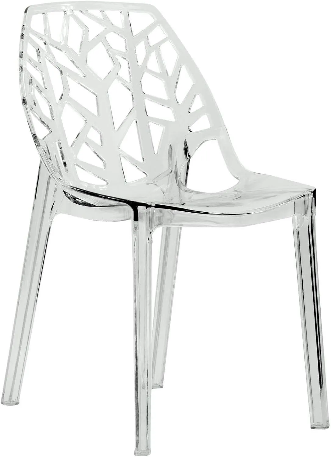 LeisureMod Cornelia Stackable Modern Spring Cut-Out Tree Design Acrylic Armless Accent Side Chair for Kitchen, Living Room, and Dining Area, 21.5" Dx17.25 Wx32 H, Clear