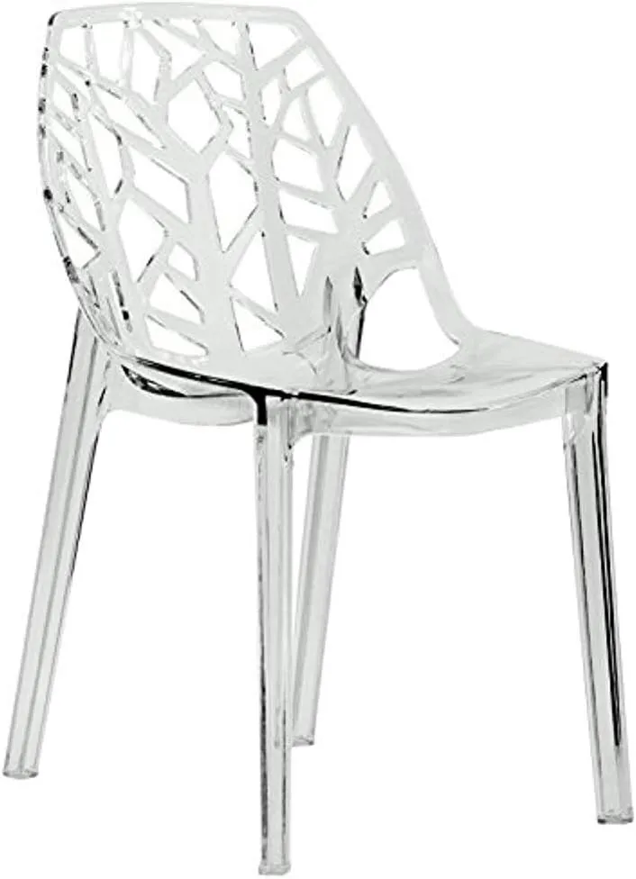 LeisureMod Cornelia Stackable Modern Spring Cut-Out Tree Design Acrylic Armless Accent Side Chair for Kitchen, Living Room, and Dining Area, 21.5" Dx17.25 Wx32 H, Clear