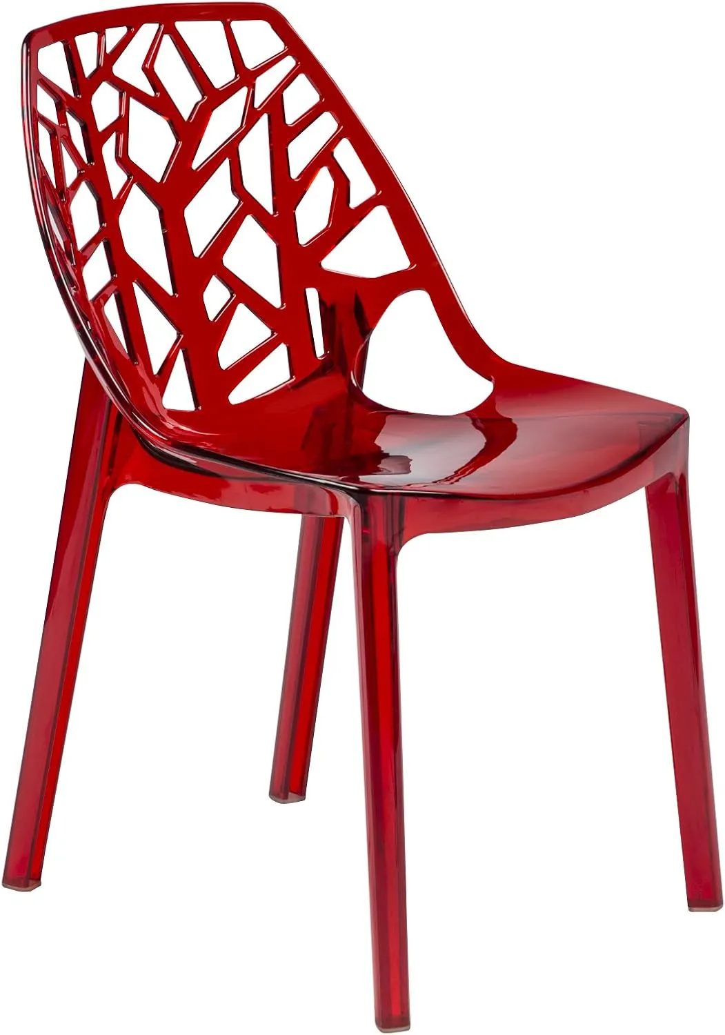 LeisureMod Cornelia Stackable Modern Spring Cut-Out Tree Design Acrylic Armless Accent Side Chair for Kitchen, Living Room, and Dining Area, 21.5" Dx17.25 Wx32 H, Red