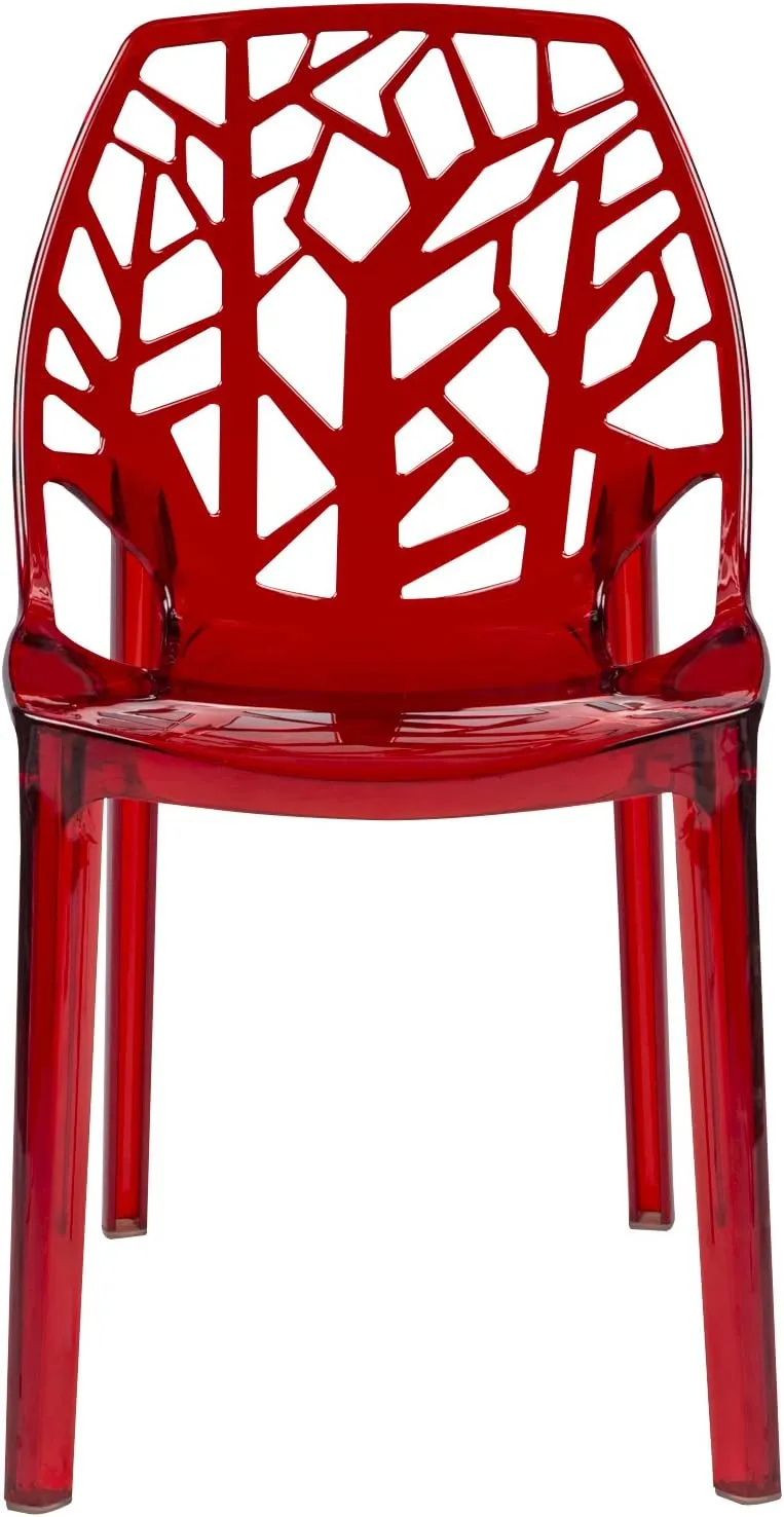 LeisureMod Cornelia Stackable Modern Spring Cut-Out Tree Design Acrylic Armless Accent Side Chair for Kitchen, Living Room, and Dining Area, 21.5" Dx17.25 Wx32 H, Red