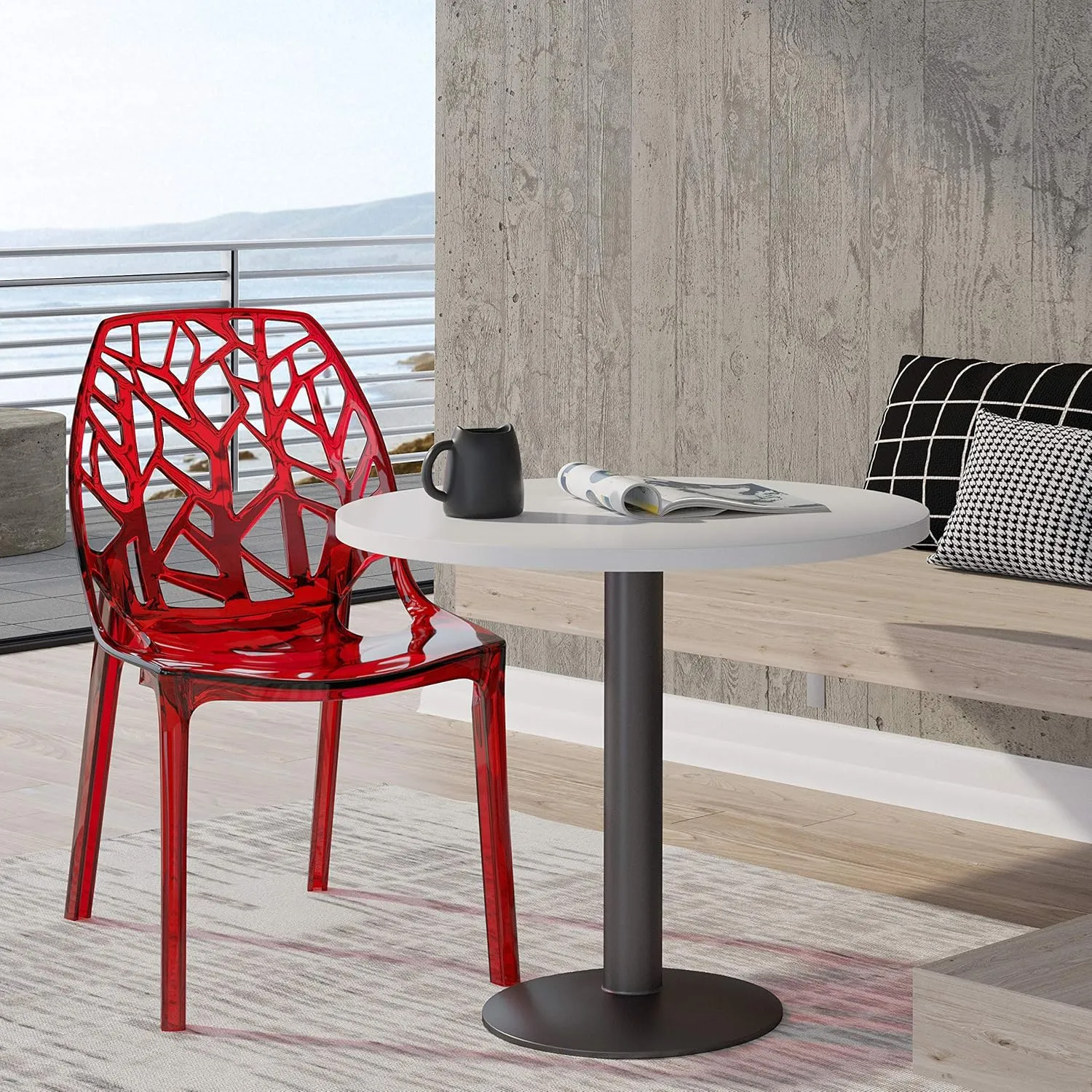 LeisureMod Cornelia Stackable Modern Spring Cut-Out Tree Design Acrylic Armless Accent Side Chair for Kitchen, Living Room, and Dining Area, 21.5" Dx17.25 Wx32 H, Red