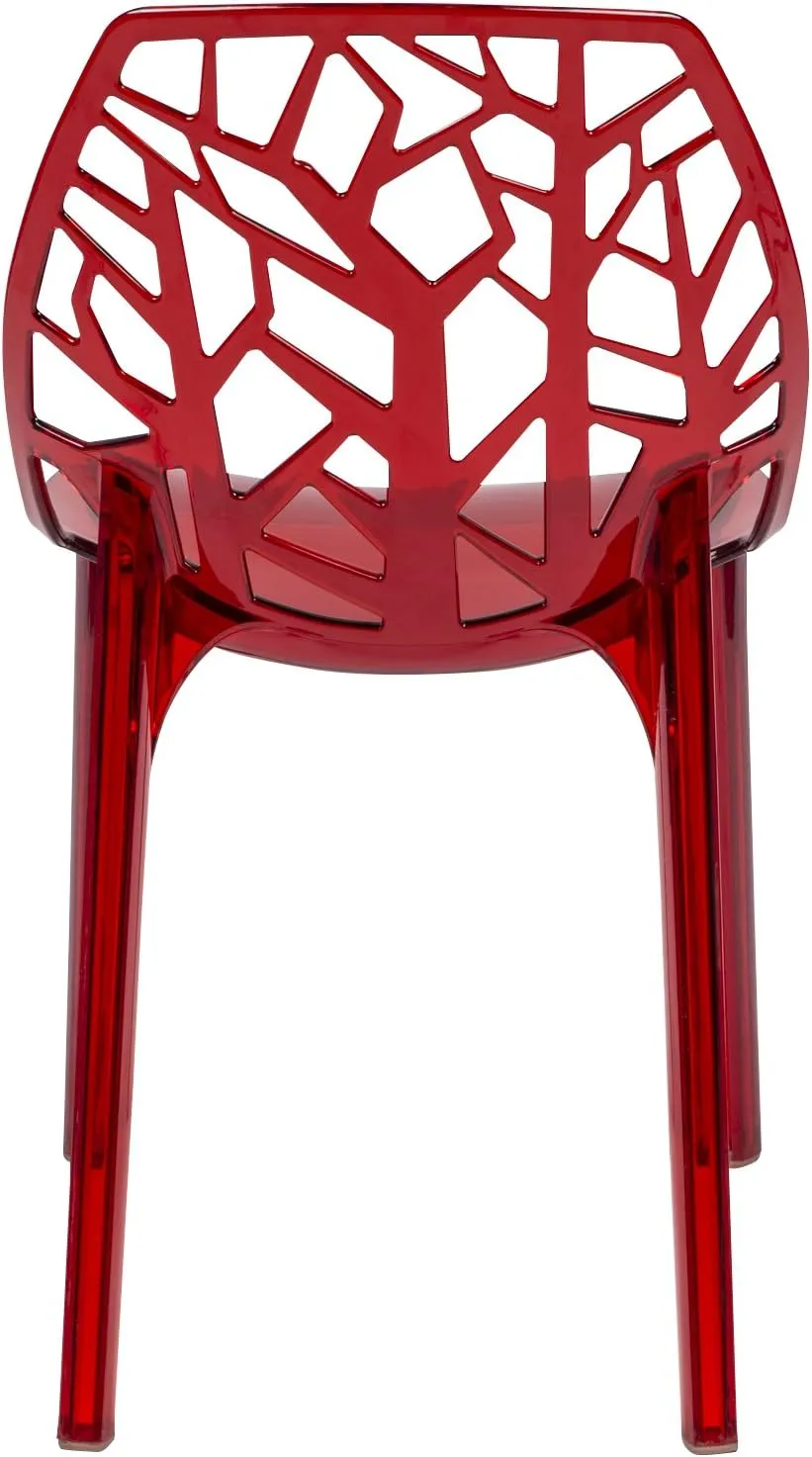 LeisureMod Cornelia Stackable Modern Spring Cut-Out Tree Design Acrylic Armless Accent Side Chair for Kitchen, Living Room, and Dining Area, 21.5" Dx17.25 Wx32 H, Red