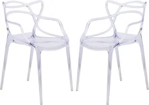 LeisureMod Twain Mid Century Modern Plastic Accent Dining Armchair with Elegant Wire Design, Stackable Plastic Chair for Indoor/Outdoor Use, Set of 2 (Clear)