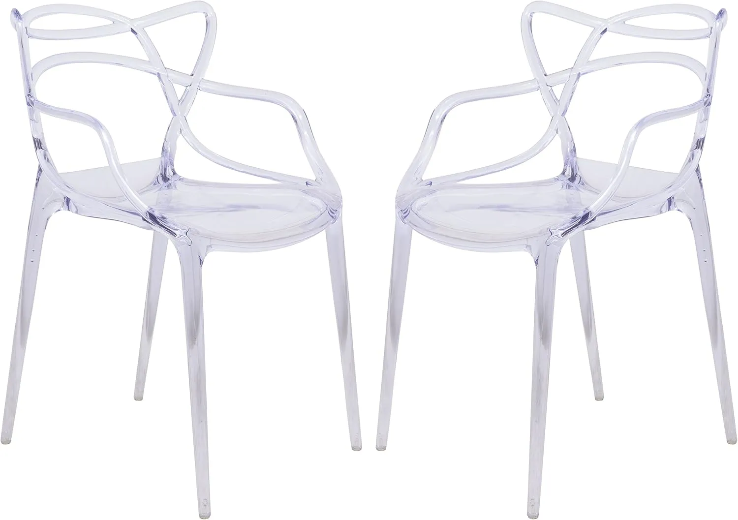 LeisureMod Twain Mid Century Modern Plastic Accent Dining Armchair with Elegant Wire Design, Stackable Plastic Chair for Indoor/Outdoor Use, Set of 2 (Clear)