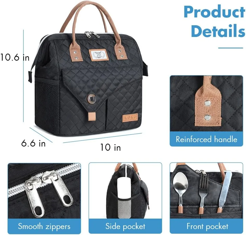 Lekesky Lunch Bag for Women and Men Leakproof Lunchbox Insulated Lunch Bag for Work, Picnic and Camping, Quilted Black