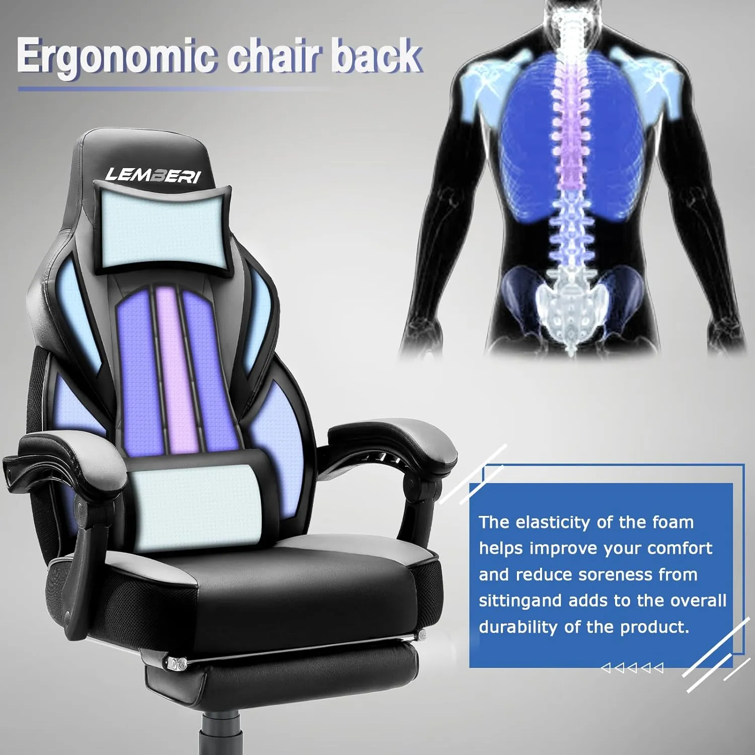 LEMBERI Gaming Chairs with Footrest,Ergonomic Video Game Chairs for Adults,Big and Tall Chair 400lb Weight Capacity, Racing Style Computer Gamer Chair with Headrest and Lumbar Support