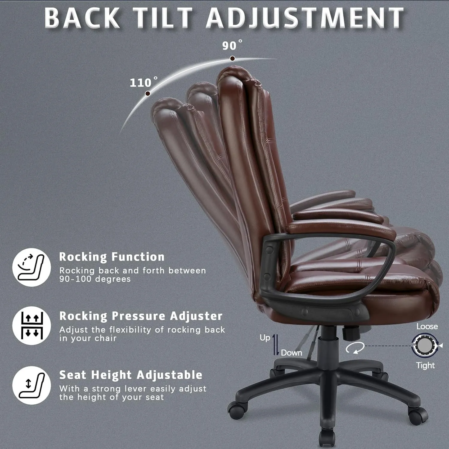 LEMBERI Office Desk Chair, Big and Tall High Back Managerial Executive Computer Chair, Ergonomic Height Adjustable PU Leather Chairs with Cushions Armrest for Long Time Sitting (Brown)