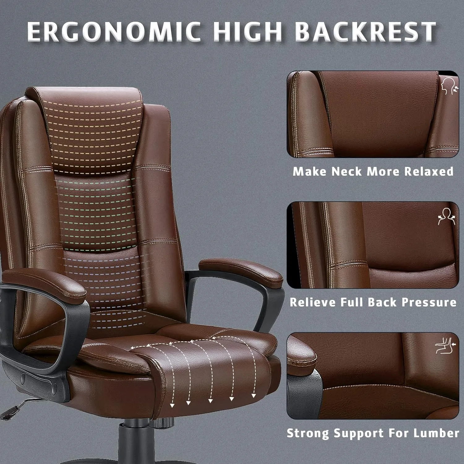 LEMBERI Office Desk Chair, Big and Tall High Back Managerial Executive Computer Chair, Ergonomic Height Adjustable PU Leather Chairs with Cushions Armrest for Long Time Sitting (Brown)