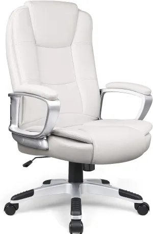 LEMBERI Office Desk Chair, Big and Tall Managerial Executive Chair, High Back Computer Chair, Ergonomic Adjustable Height PU Leather Chairs with Cushions Armrest for Long Time Sitting (White)
