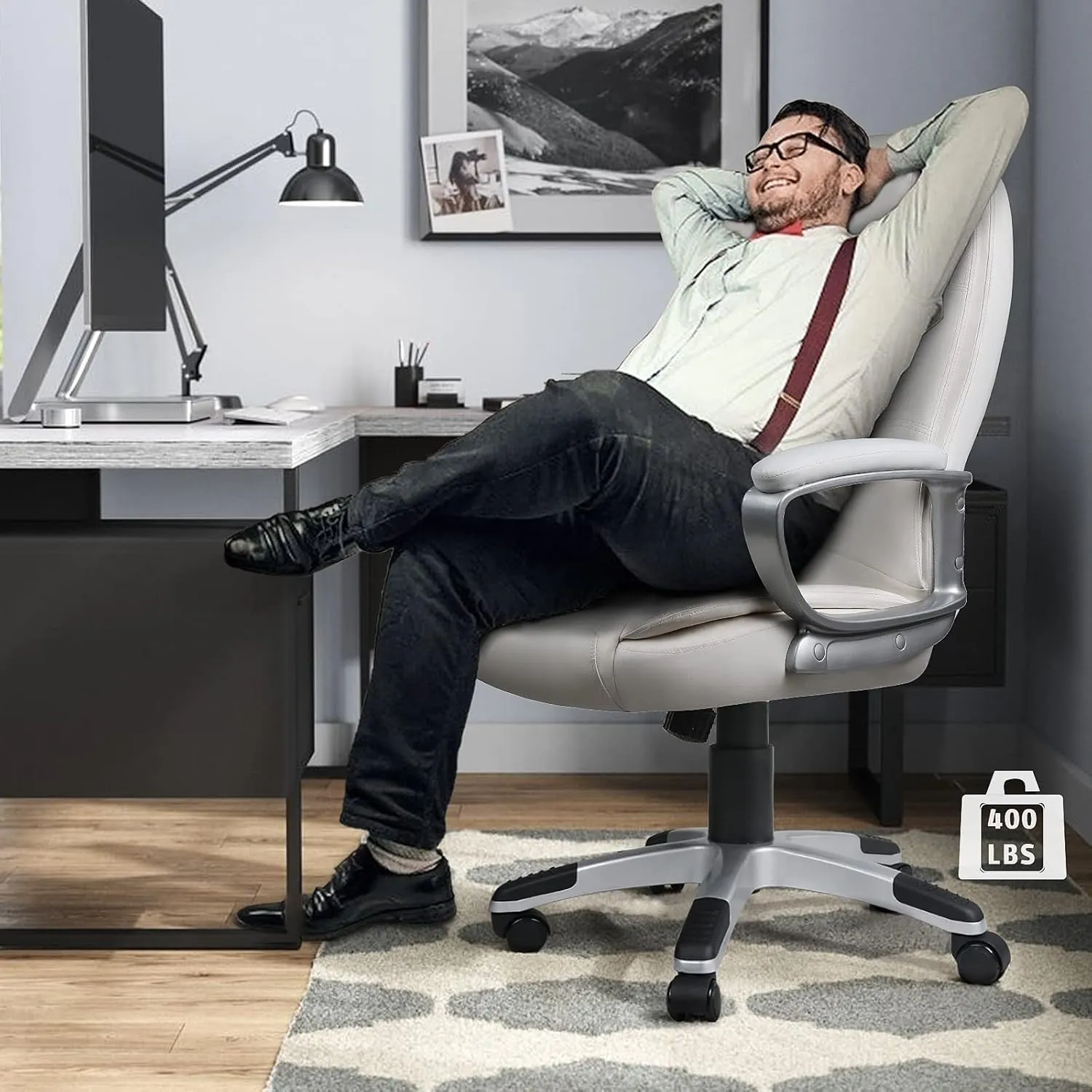 LEMBERI Office Desk Chair, Big and Tall Managerial Executive Chair, High Back Computer Chair, Ergonomic Adjustable Height PU Leather Chairs with Cushions Armrest for Long Time Sitting (White)