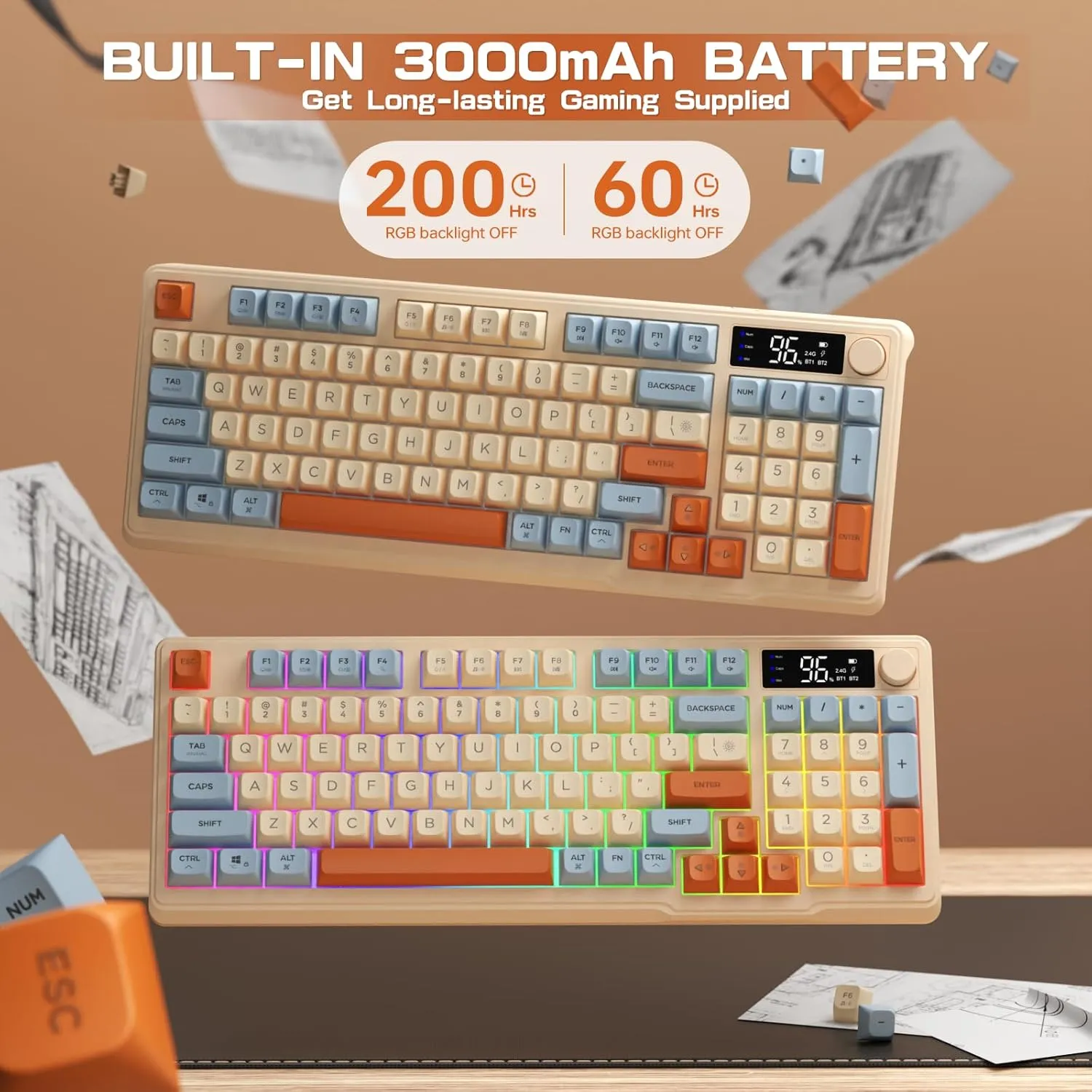 LexonElec M96 Wireless Gaming Keyboard,Knob Control Bluetooth/2.4G Wireless Mechanical Feeling Keyboard,RGB LED Backlit with Display Screen, PBT Keycap, 3000mAh, 94-Key Layout for Win/Mac (Blueberry)