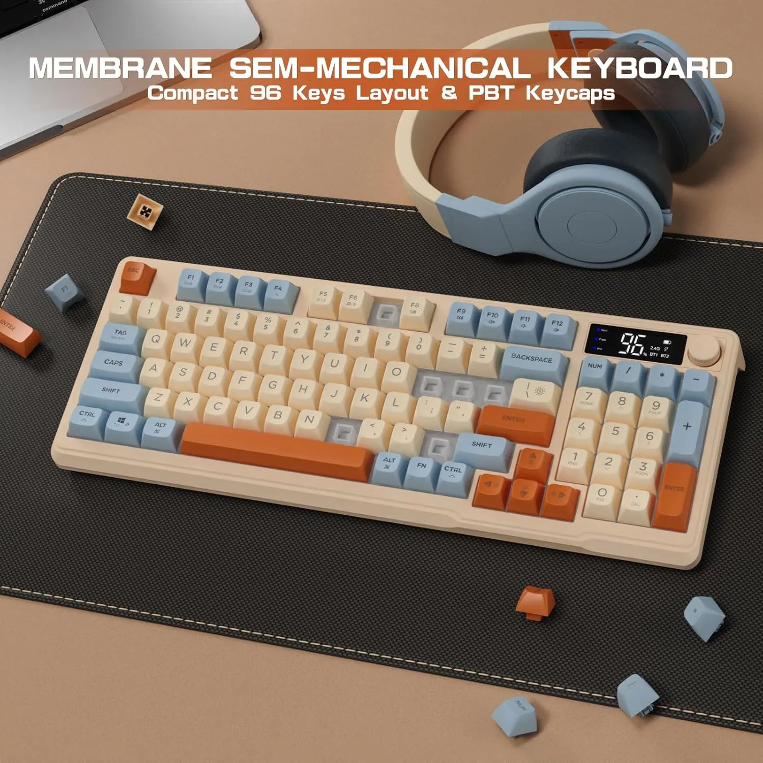 LexonElec M96 Wireless Gaming Keyboard,Knob Control Bluetooth/2.4G Wireless Mechanical Feeling Keyboard,RGB LED Backlit with Display Screen, PBT Keycap, 3000mAh, 94-Key Layout for Win/Mac (Blueberry)