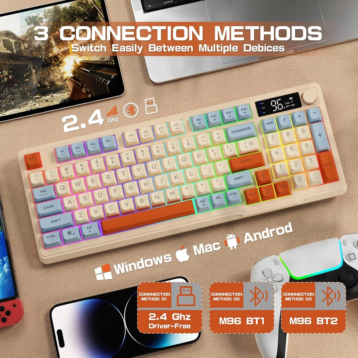 LexonElec M96 Wireless Gaming Keyboard,Knob Control Bluetooth/2.4G Wireless Mechanical Feeling Keyboard,RGB LED Backlit with Display Screen, PBT Keycap, 3000mAh, 94-Key Layout for Win/Mac (Blueberry)