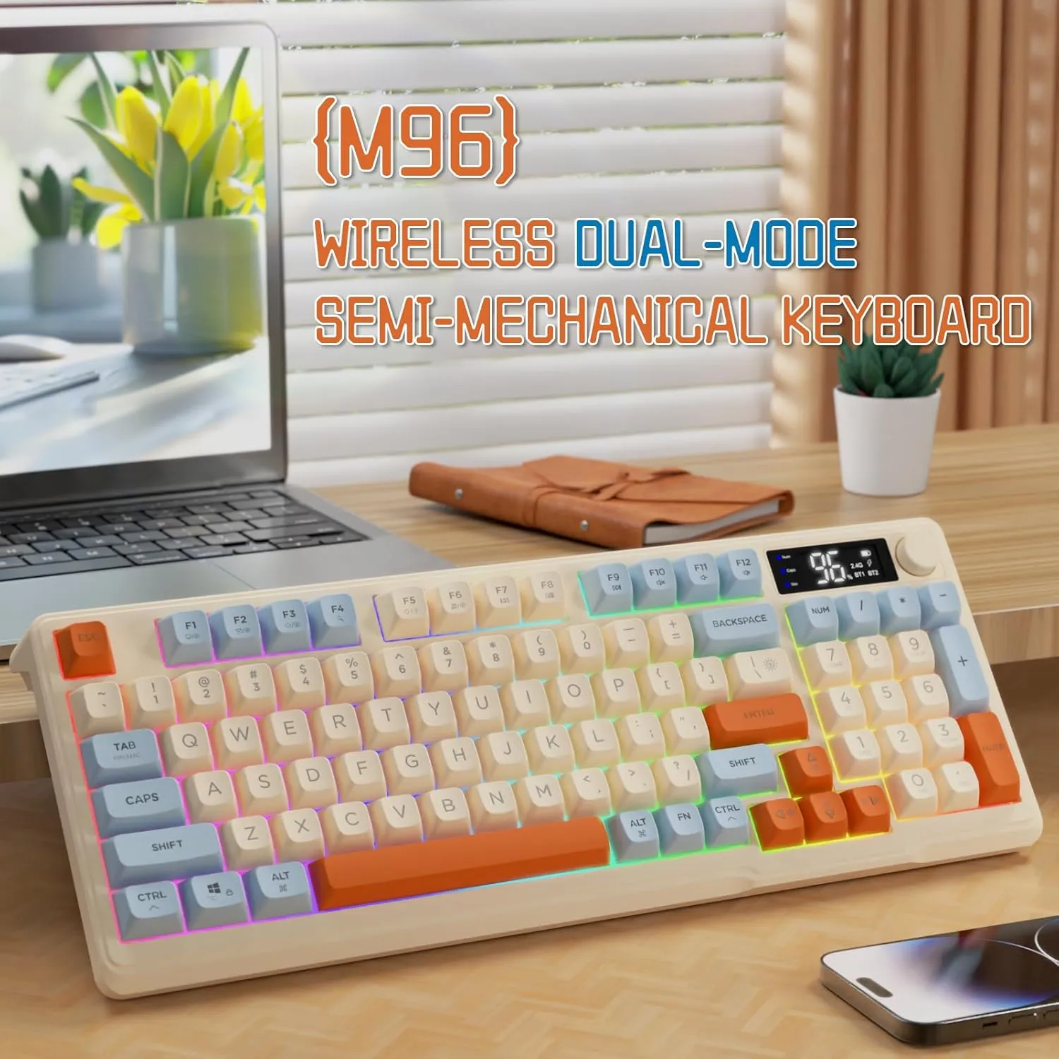 LexonElec M96 Wireless Gaming Keyboard,Knob Control Bluetooth/2.4G Wireless Mechanical Feeling Keyboard,RGB LED Backlit with Display Screen, PBT Keycap, 3000mAh, 94-Key Layout for Win/Mac (Blueberry)