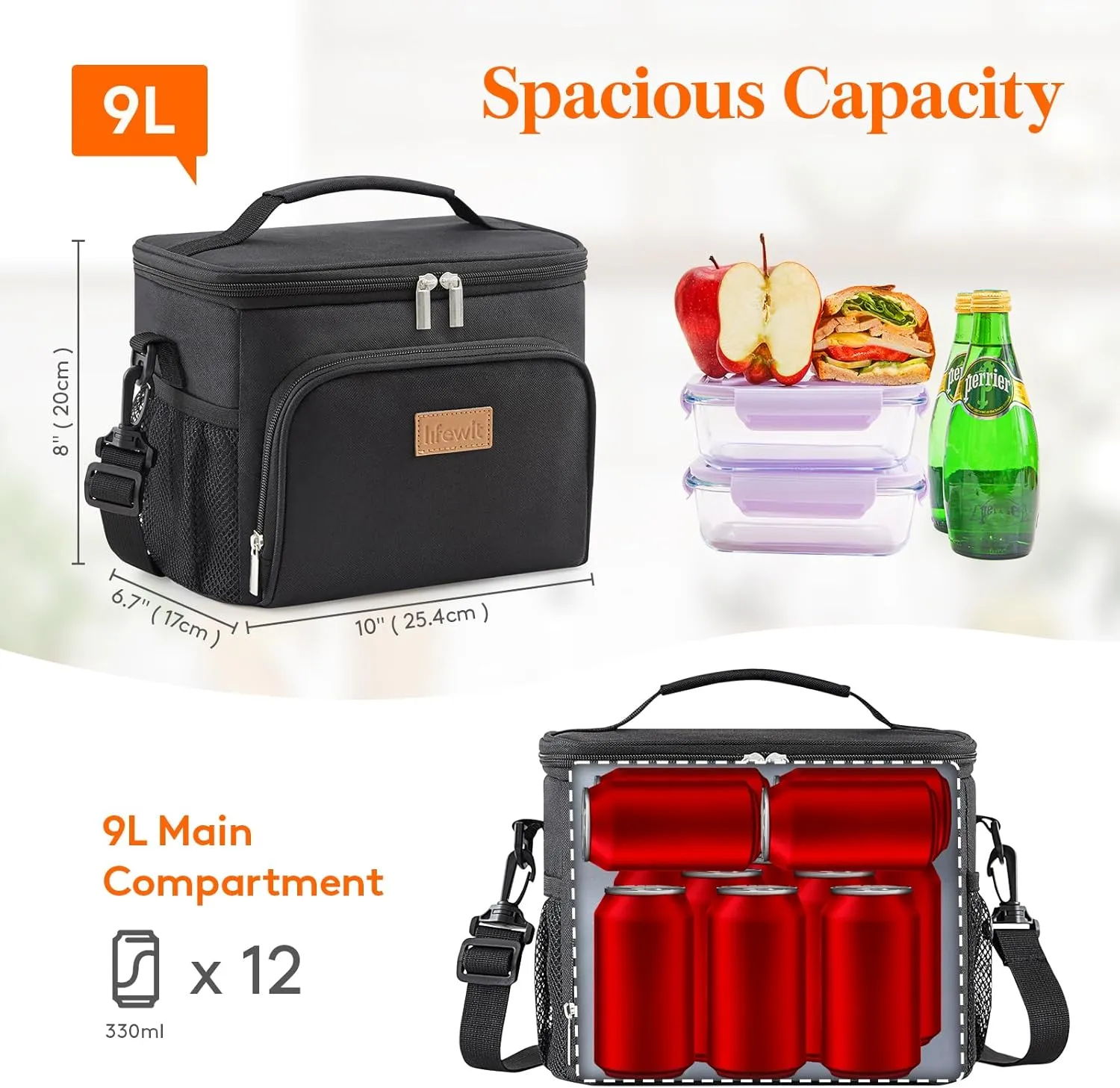 Lifewit Reusable Insulated Lunch Bag for Men, Lunch Box Women, Portable Cooler Freezable Soft Lunchbox Leakproof with Adjustable Shoulder Strap for Adult for Work Picnic or Travel, Black 9L