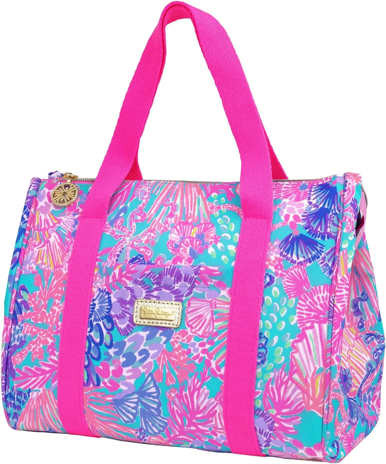 Lilly Pulitzer Cute Lunch Bag for Women, Large Capacity Insulated Tote Bag, Pink/Blue Mini Cooler with Storage Pocket and Shoulder Straps, Splendor in the Sand