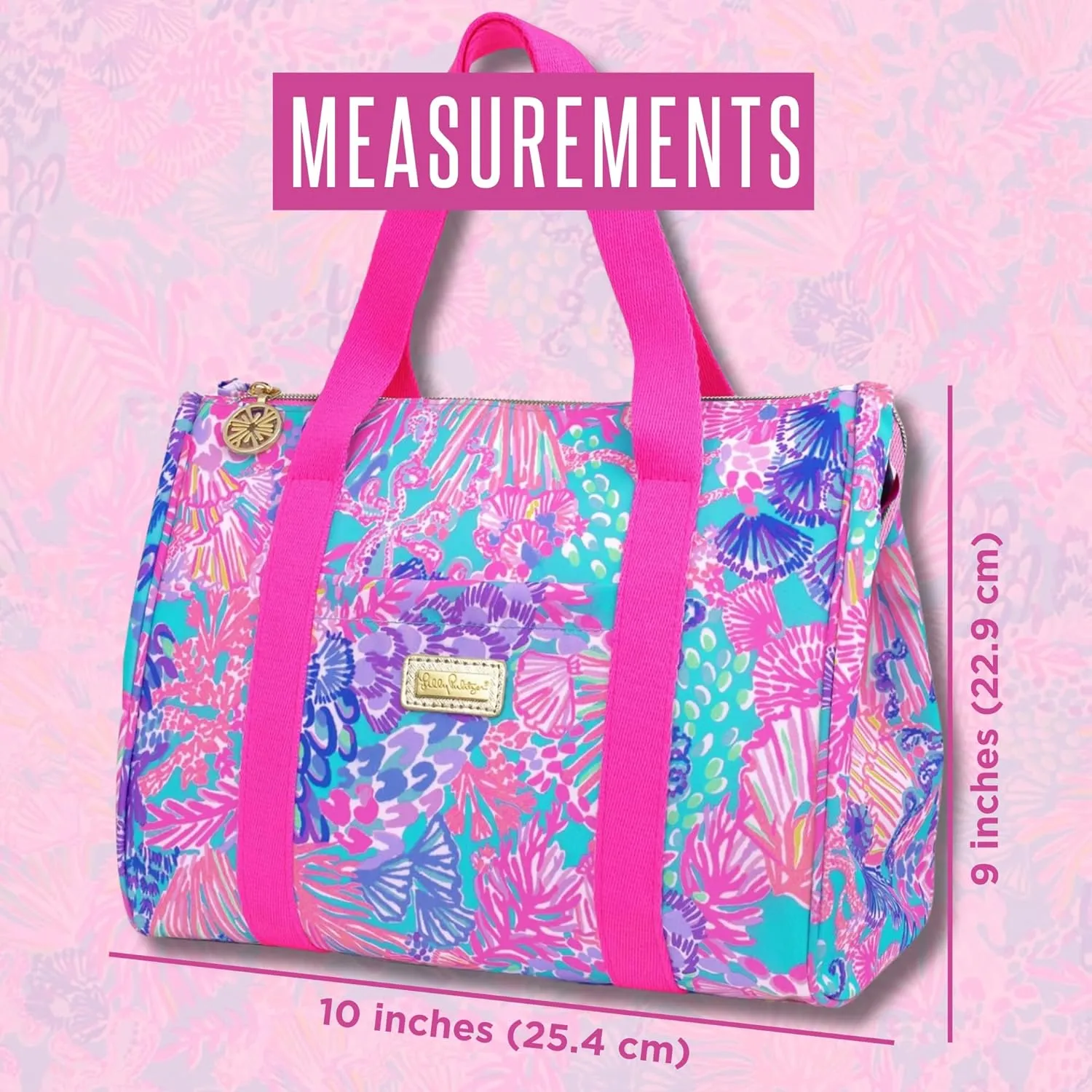 Lilly Pulitzer Cute Lunch Bag for Women, Large Capacity Insulated Tote Bag, Pink/Blue Mini Cooler with Storage Pocket and Shoulder Straps, Splendor in the Sand