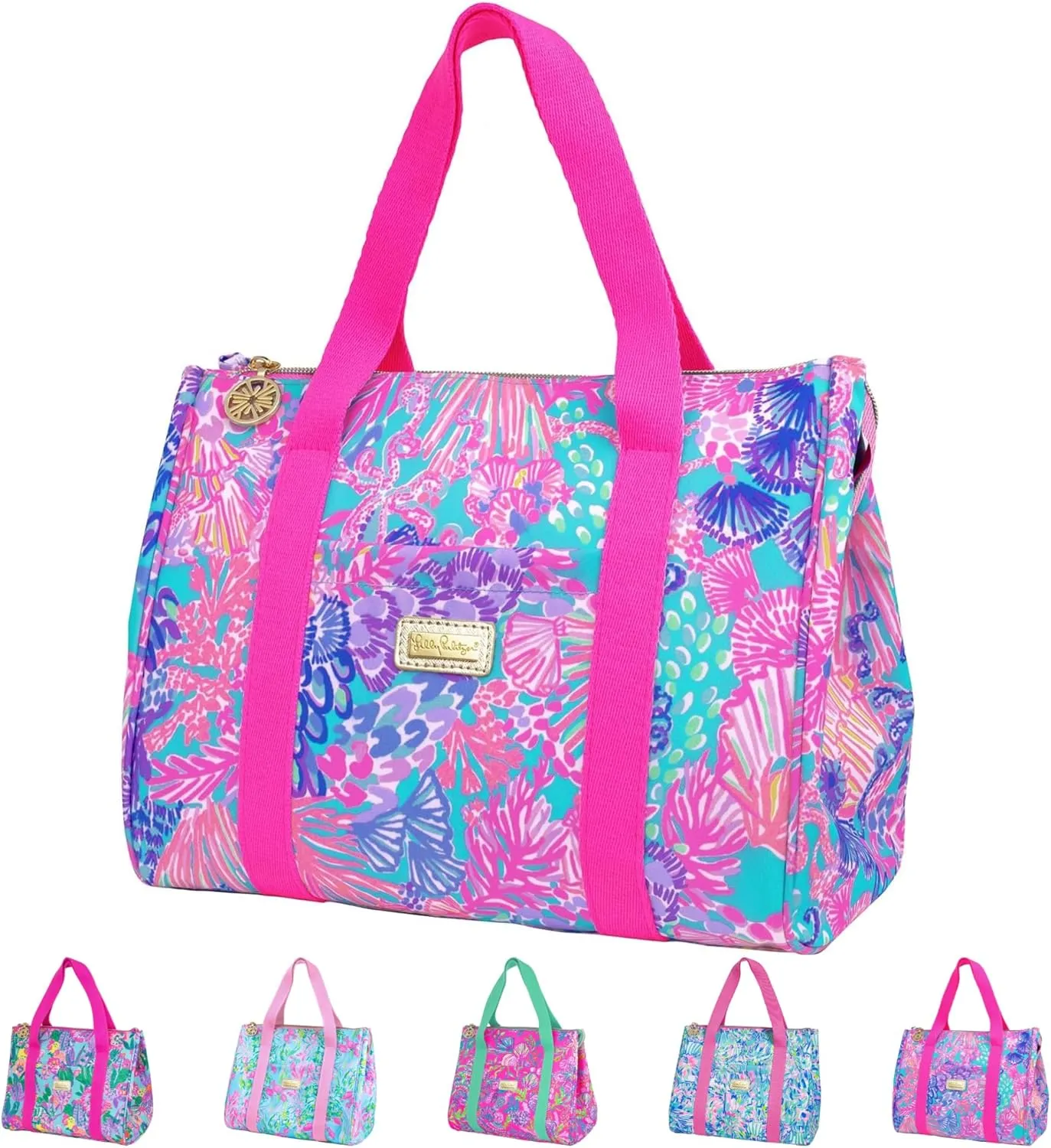 Lilly Pulitzer Cute Lunch Bag for Women, Large Capacity Insulated Tote Bag, Pink/Blue Mini Cooler with Storage Pocket and Shoulder Straps, Splendor in the Sand