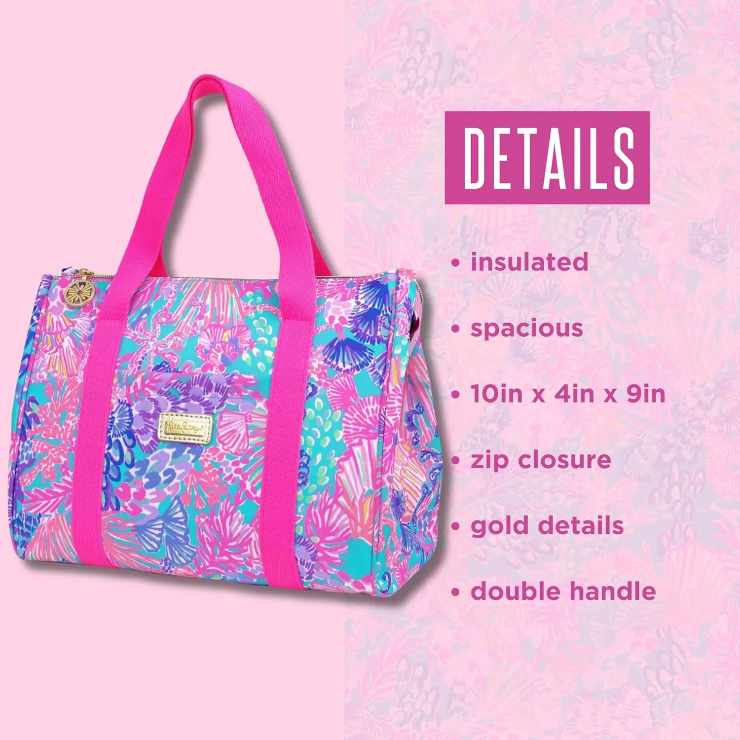 Lilly Pulitzer Cute Lunch Bag for Women, Large Capacity Insulated Tote Bag, Pink/Blue Mini Cooler with Storage Pocket and Shoulder Straps, Splendor in the Sand