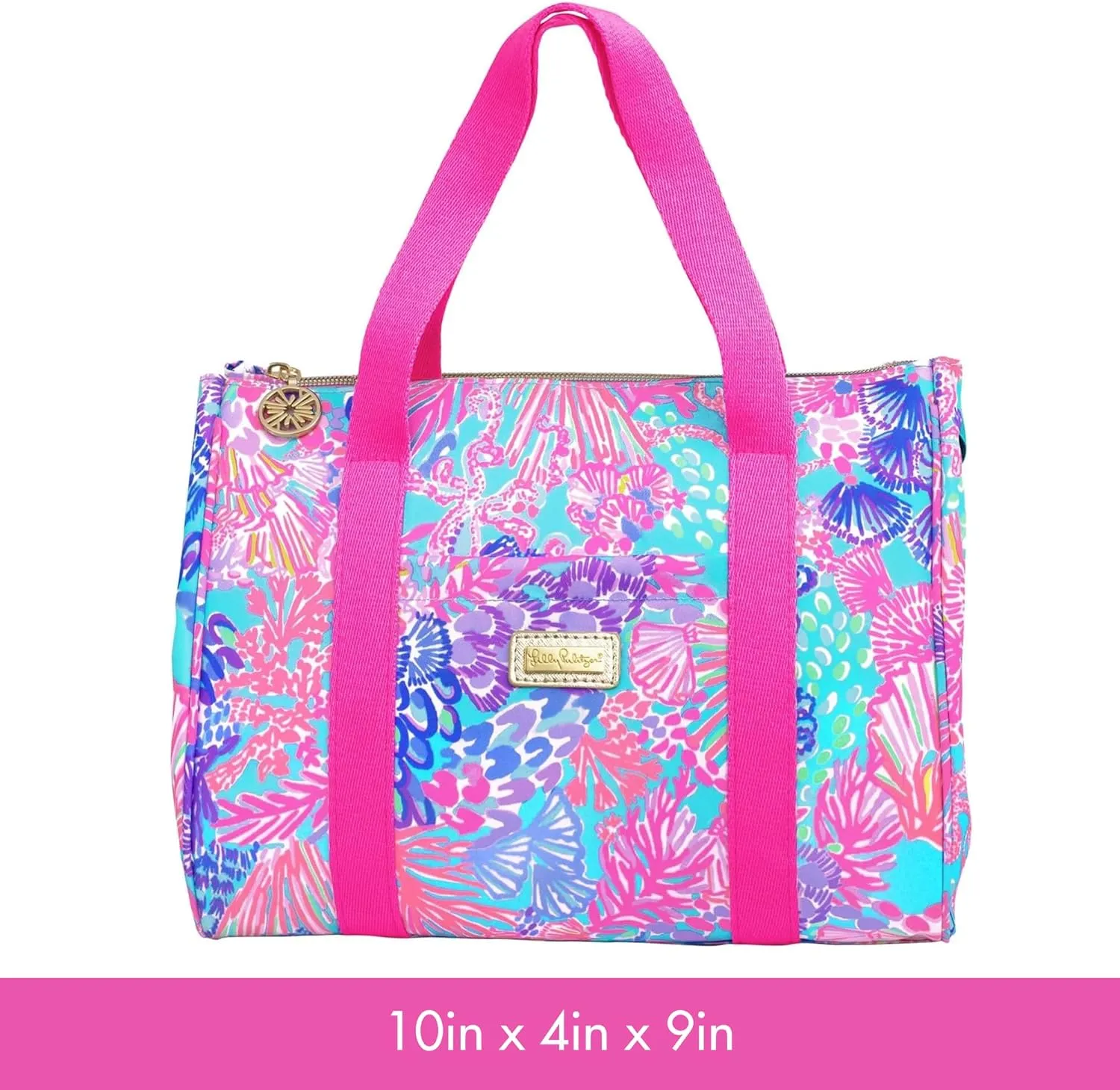 Lilly Pulitzer Cute Lunch Bag for Women, Large Capacity Insulated Tote Bag, Pink/Blue Mini Cooler with Storage Pocket and Shoulder Straps, Splendor in the Sand