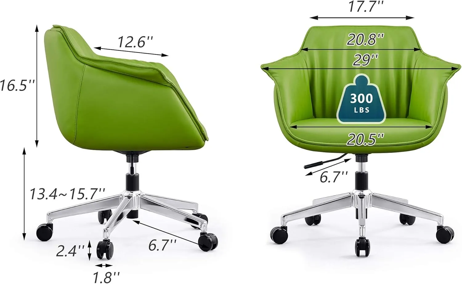 LUCKYERMORE Middle Back Office Chair for Home Adjustable Height Swivel PU Upholstered Modern Office Chair, Soft Thick Pad & Tiltable Back, Easy to Assemble, Green