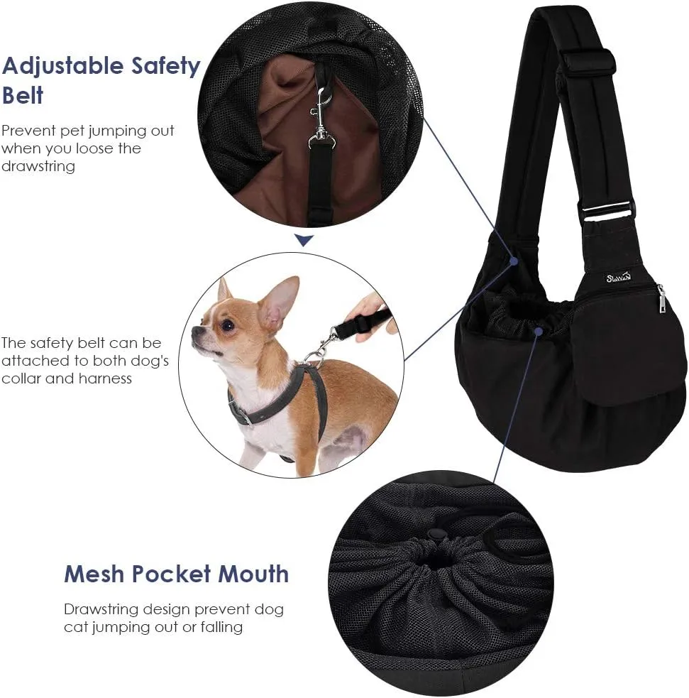 Lukovee Dog Sling Carrier, Hard Bottom Support & Adjustable Soft Padded Shoudler Strap Dog Slings for Small Dogs, Dog Purse with Drawstring Mesh Opening & Zipper Pockets for Puppy Cat Pet (Black-BN)