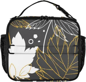 Lunch Bag Lunch Box for Women Men Insulated Cooler Bag Reusable Lunch Box Tote Bag with Strap for Work Picnic Maple Leaves Black