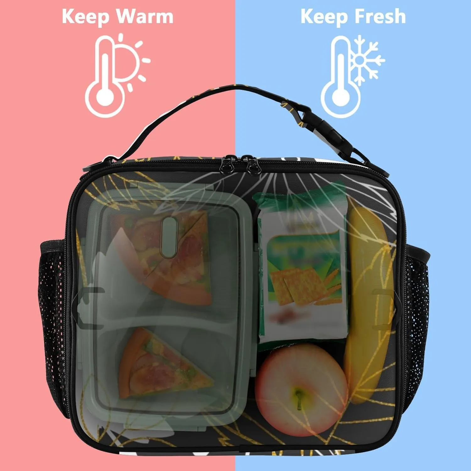 Lunch Bag Lunch Box for Women Men Insulated Cooler Bag Reusable Lunch Box Tote Bag with Strap for Work Picnic Maple Leaves Black