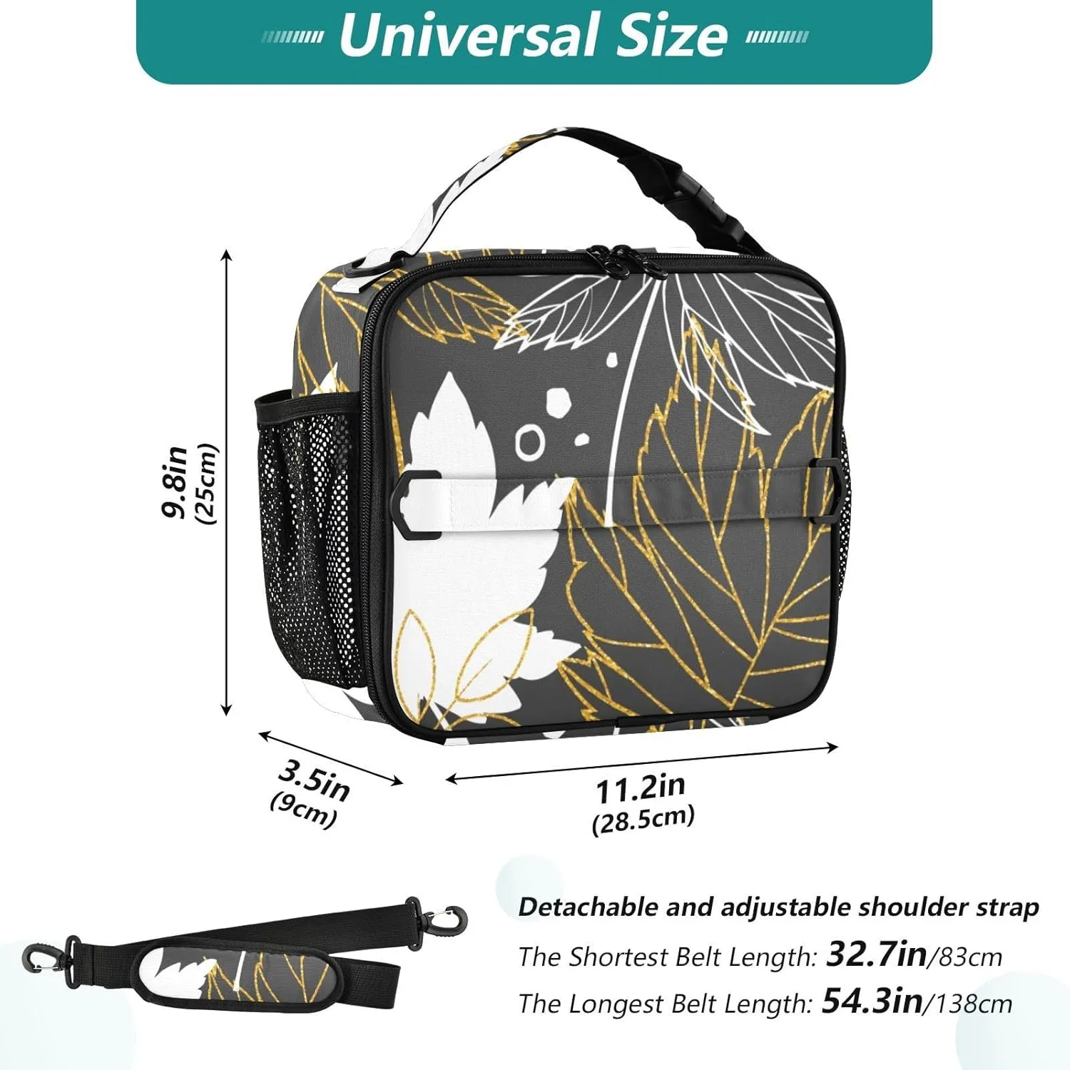 Lunch Bag Lunch Box for Women Men Insulated Cooler Bag Reusable Lunch Box Tote Bag with Strap for Work Picnic Maple Leaves Black