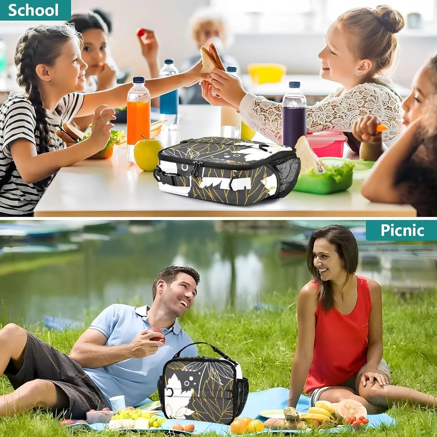 Lunch Bag Lunch Box for Women Men Insulated Cooler Bag Reusable Lunch Box Tote Bag with Strap for Work Picnic Maple Leaves Black