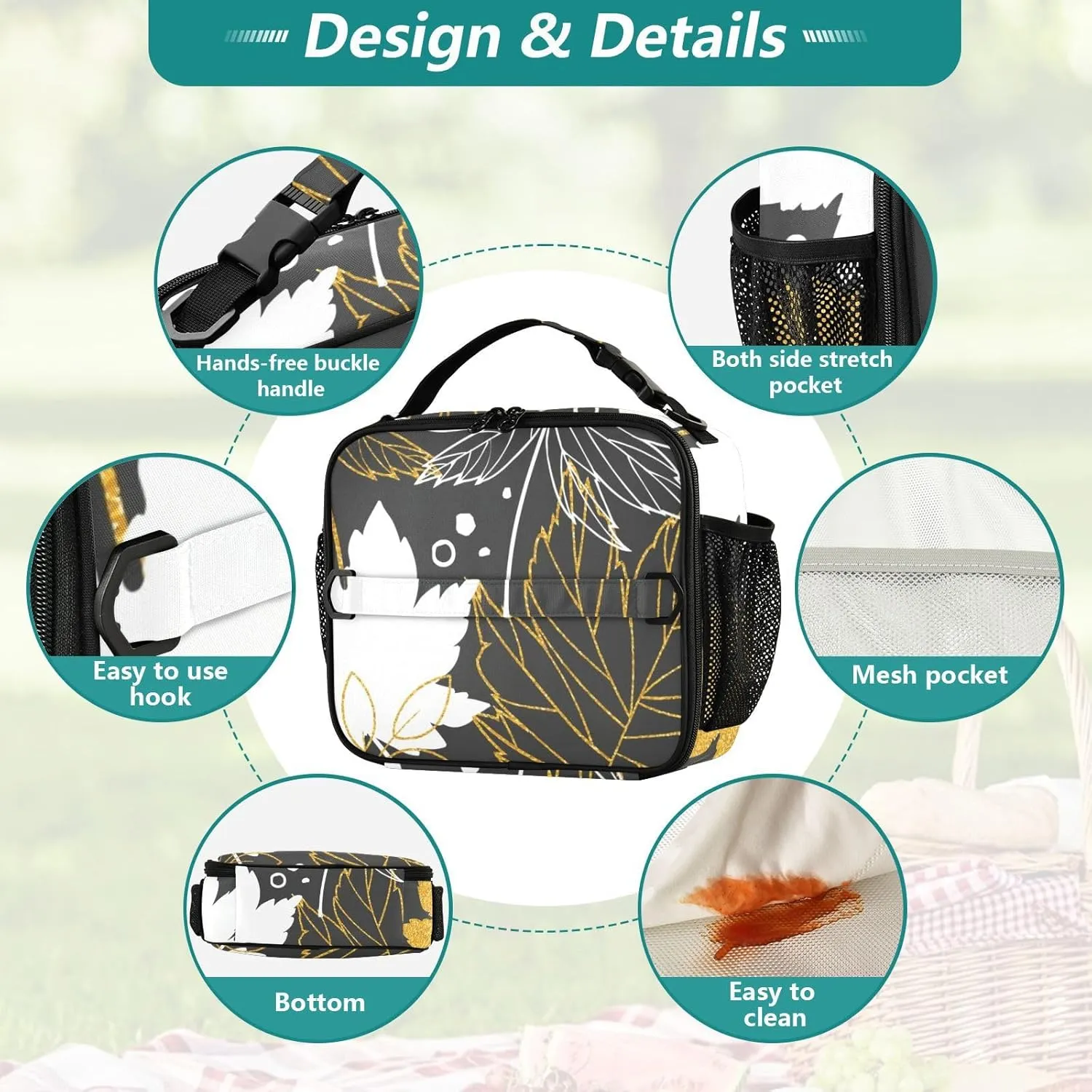 Lunch Bag Lunch Box for Women Men Insulated Cooler Bag Reusable Lunch Box Tote Bag with Strap for Work Picnic Maple Leaves Black