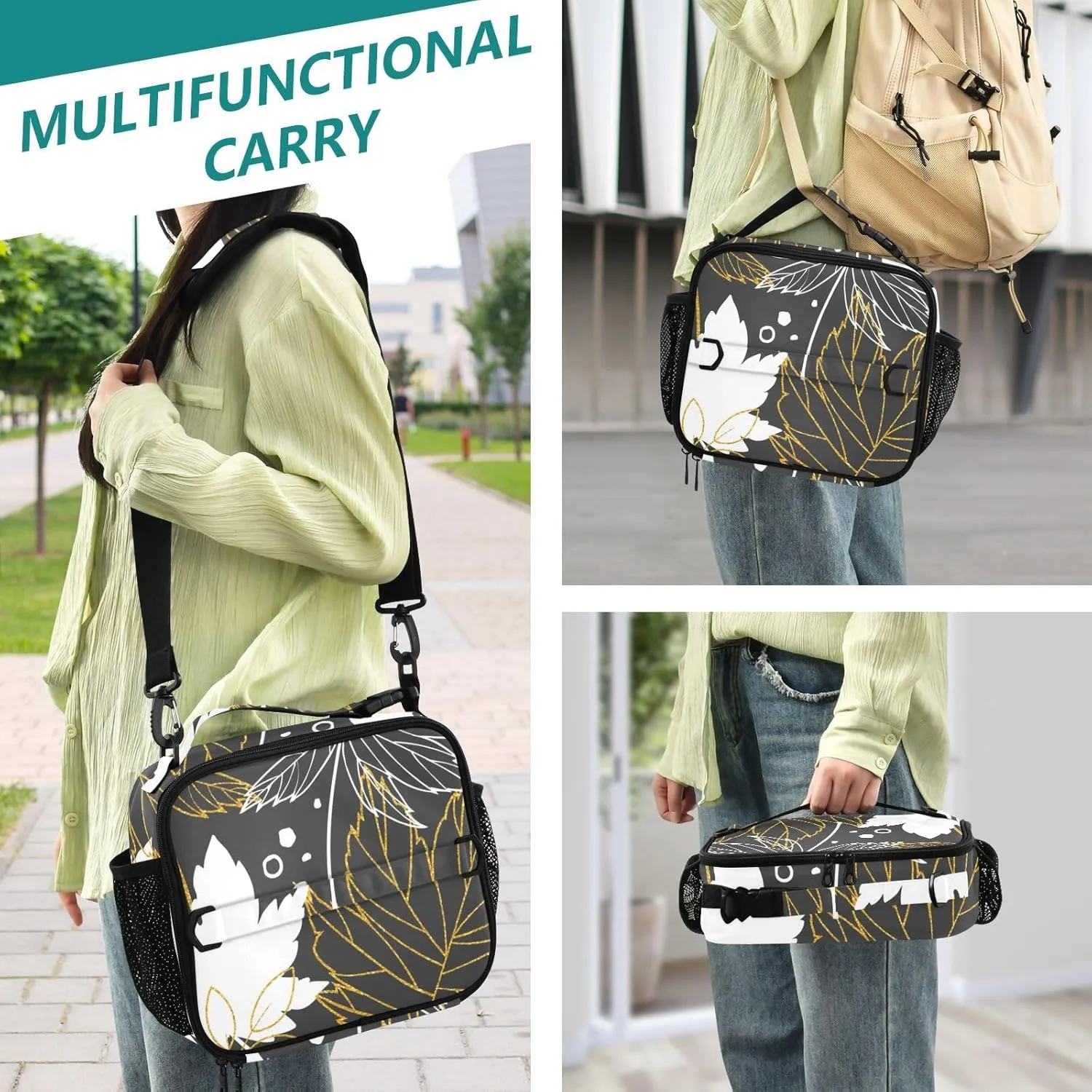 Lunch Bag Lunch Box for Women Men Insulated Cooler Bag Reusable Lunch Box Tote Bag with Strap for Work Picnic Maple Leaves Black