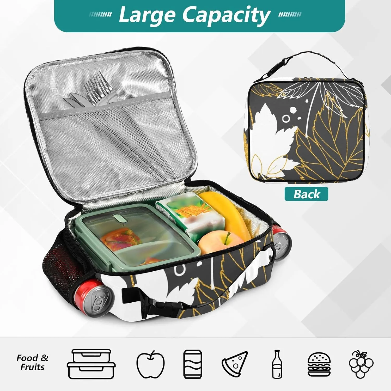 Lunch Bag Lunch Box for Women Men Insulated Cooler Bag Reusable Lunch Box Tote Bag with Strap for Work Picnic Maple Leaves Black
