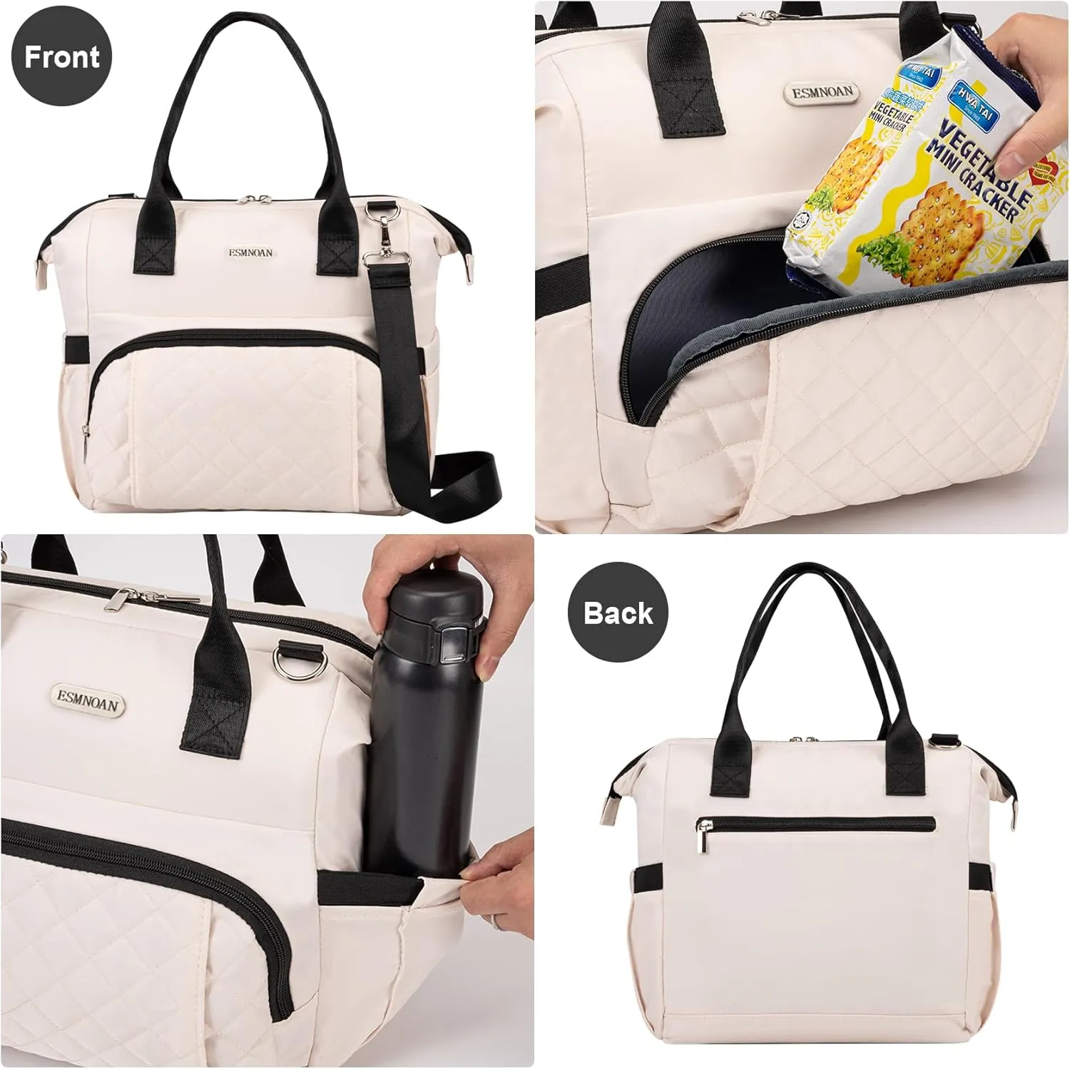 Lunch Box, Leakproof Insulated Lunch Cooler Bag, Nylon Tote Handbag For Women with Shoulder Strap, Beige