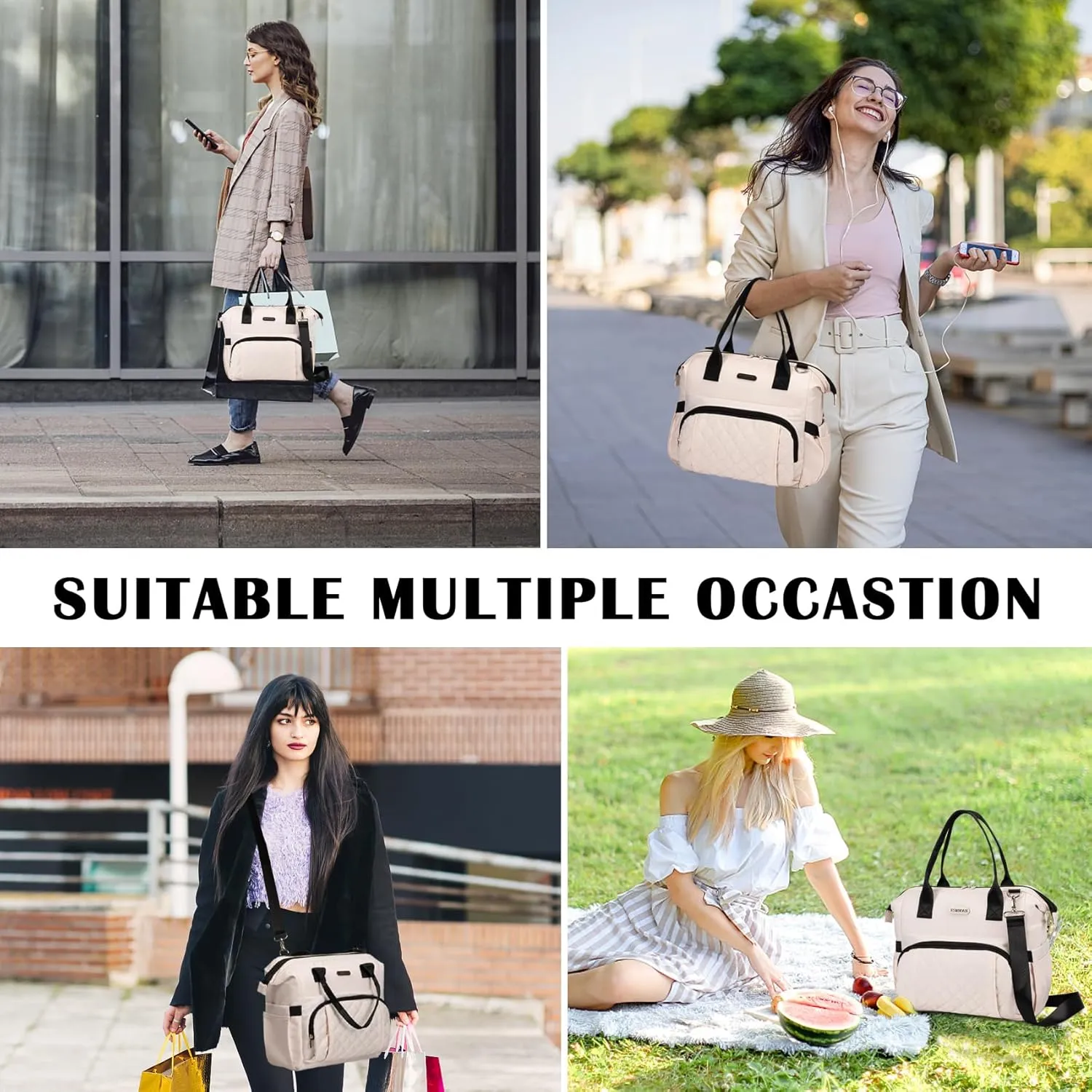 Lunch Box, Leakproof Insulated Lunch Cooler Bag, Nylon Tote Handbag For Women with Shoulder Strap, Beige