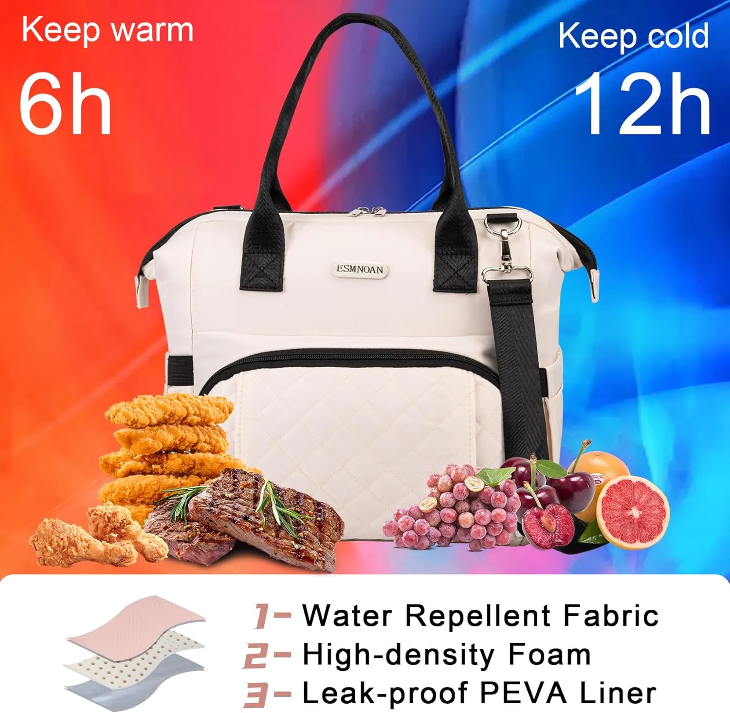 Lunch Box, Leakproof Insulated Lunch Cooler Bag, Nylon Tote Handbag For Women with Shoulder Strap, Beige