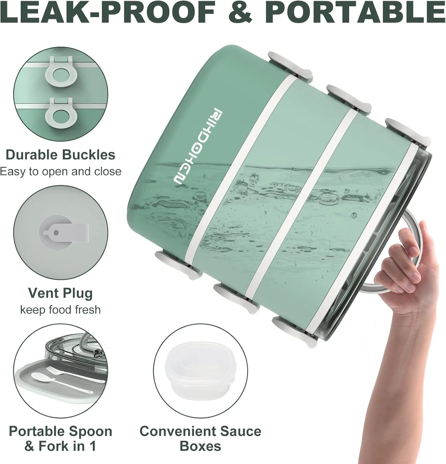 Lunch Box, Stackable 3 Layers Containers, Portable 94OZ Large Capacity Leakproof Bento Box with Spoon & Fork & Sauce Boxes, Microwave Safe Lunch Box for Kids and Adults