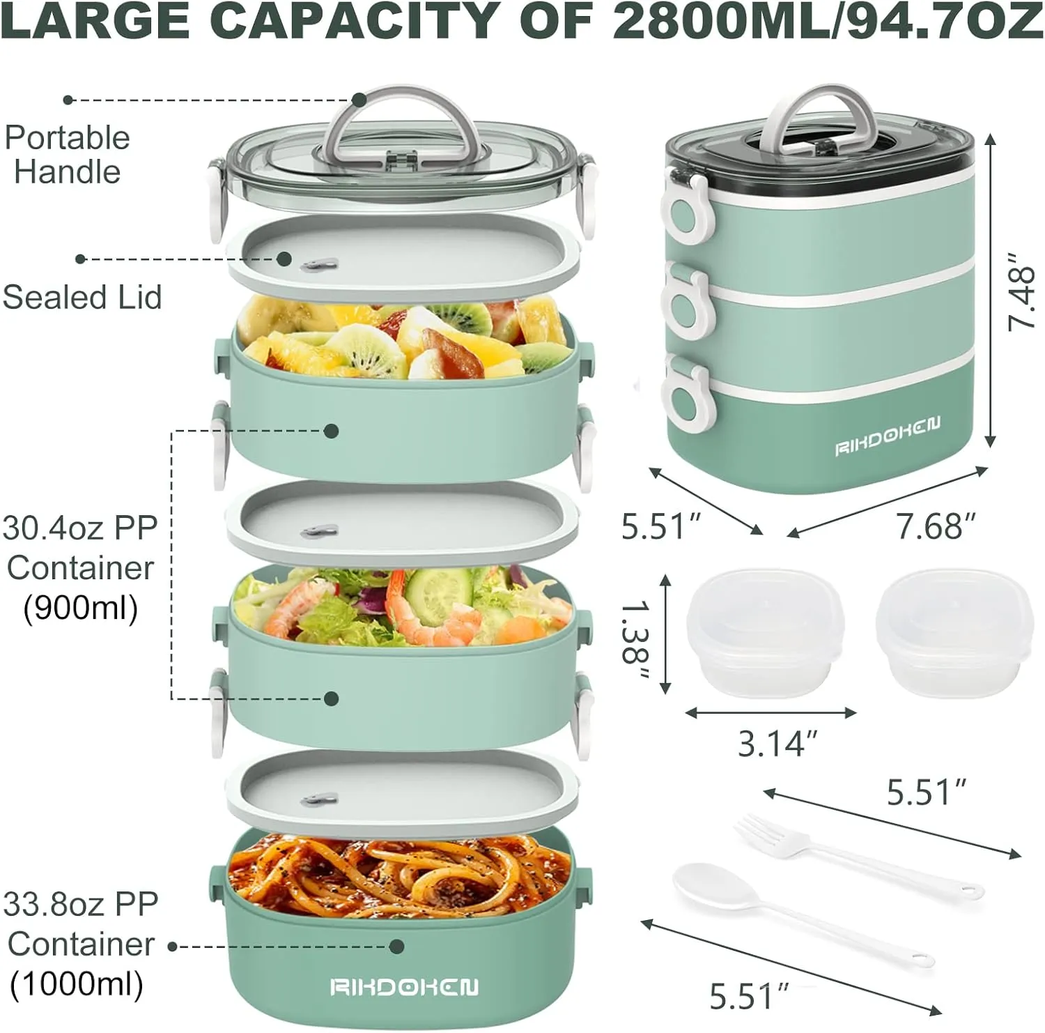 Lunch Box, Stackable 3 Layers Containers, Portable 94OZ Large Capacity Leakproof Bento Box with Spoon & Fork & Sauce Boxes, Microwave Safe Lunch Box for Kids and Adults
