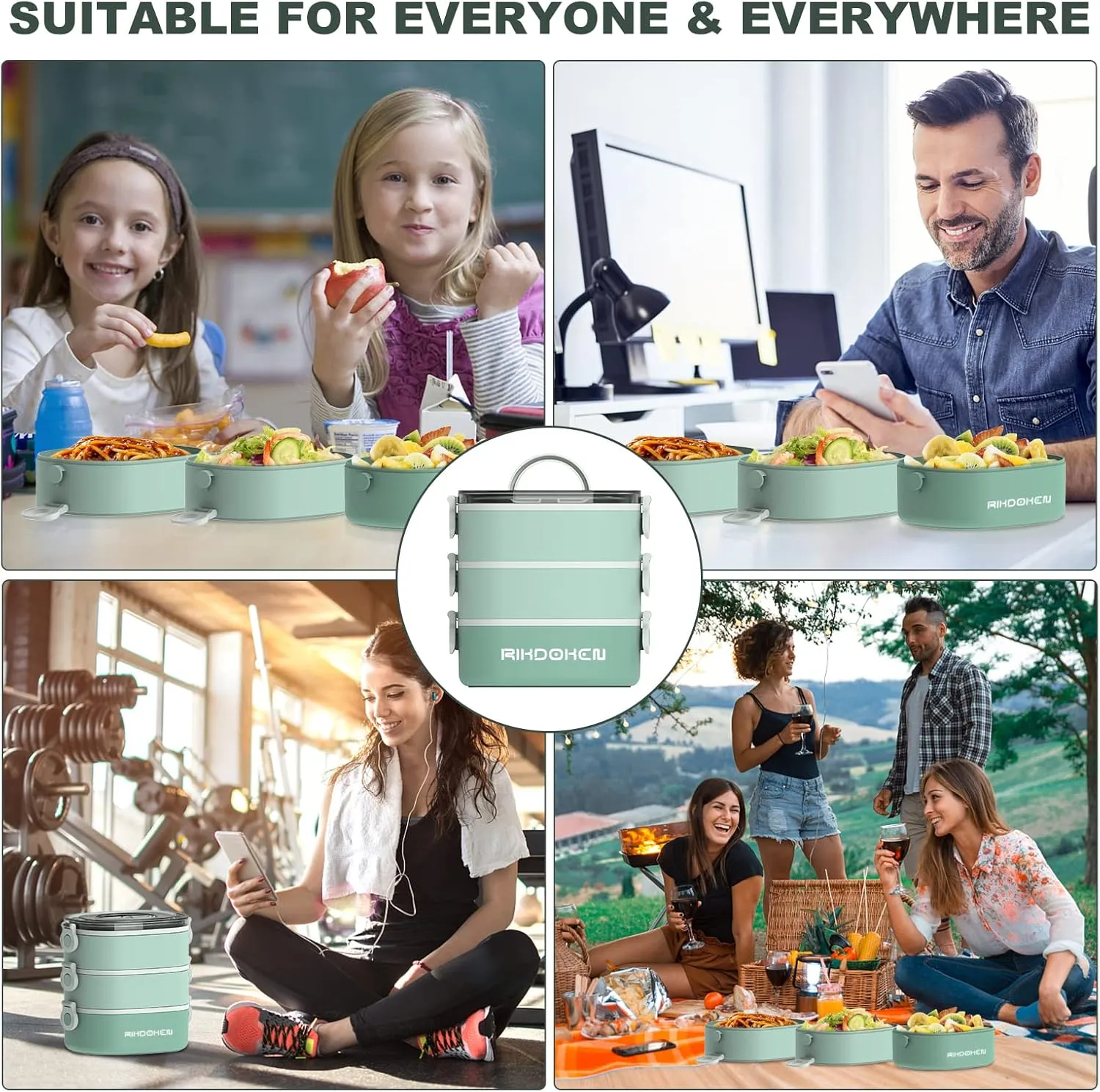 Lunch Box, Stackable 3 Layers Containers, Portable 94OZ Large Capacity Leakproof Bento Box with Spoon & Fork & Sauce Boxes, Microwave Safe Lunch Box for Kids and Adults